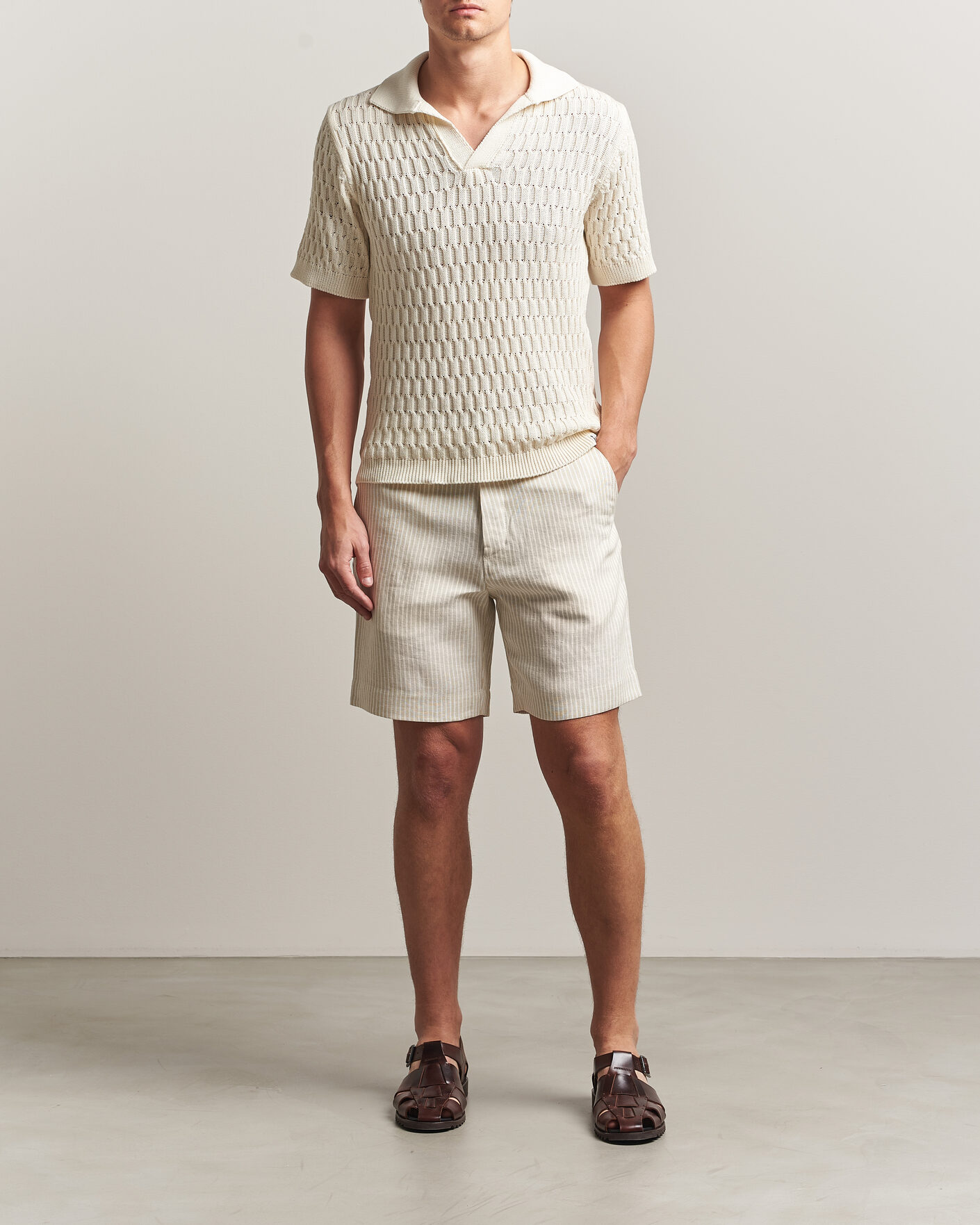 Heren | Overhemden | Peregrine | Windsor Linen Shorts Beige Stripe