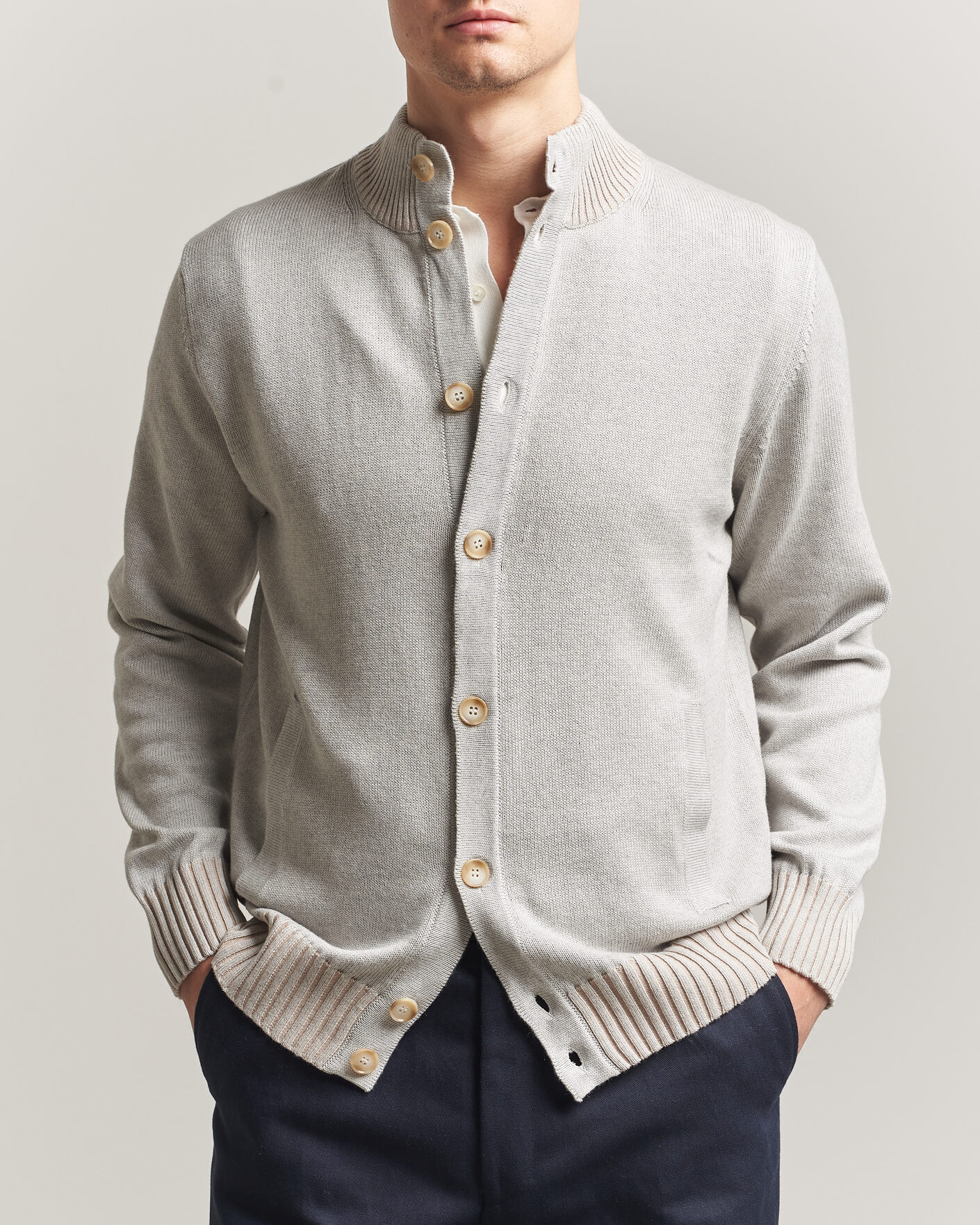 Heren | Truien | Morgano | Cotton/Cashmere Knitted Cardigan Light Grey