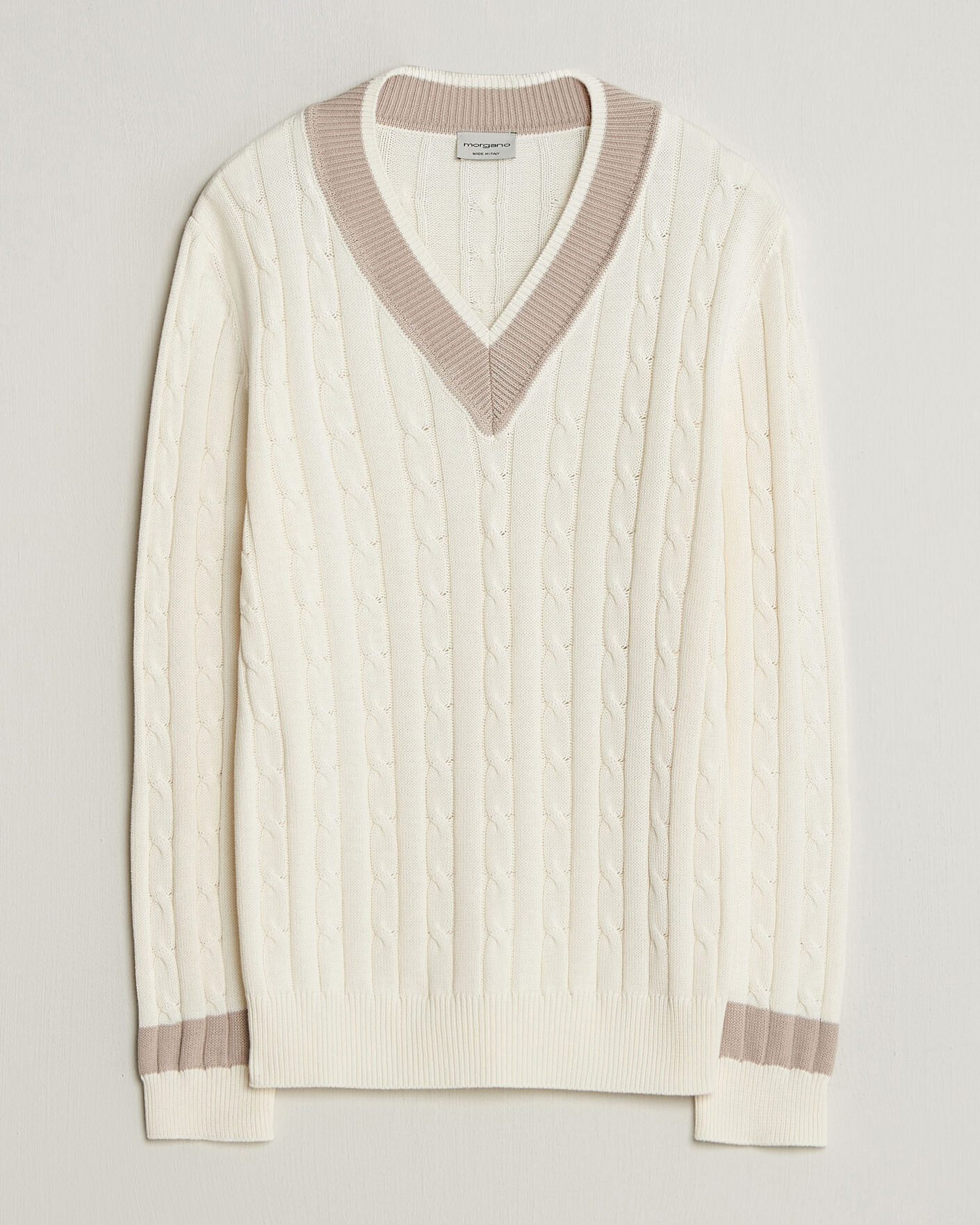 Heren | Truien | Morgano | Cable Knitted Cotton V-Neck White/Beige