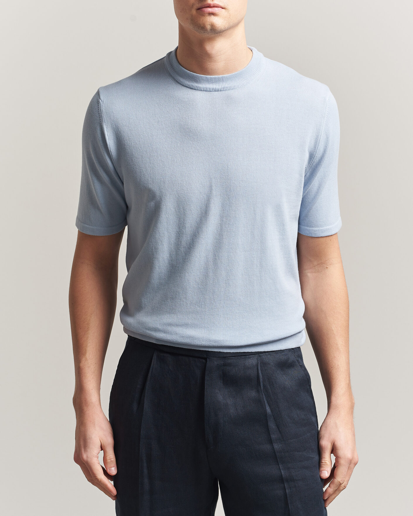Heren | T-shirts | Morgano | Knitted Cotton Crepe T-Shirt Light Blue