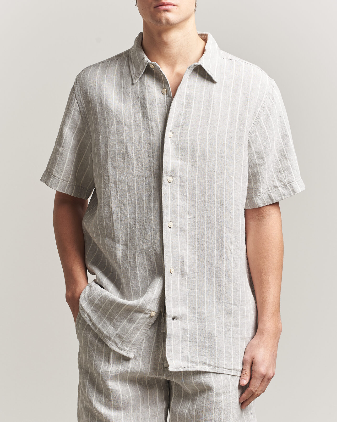 Heren | Overhemden | KnowledgeCotton Apparel | Striped Linen Resort Shirt Grey