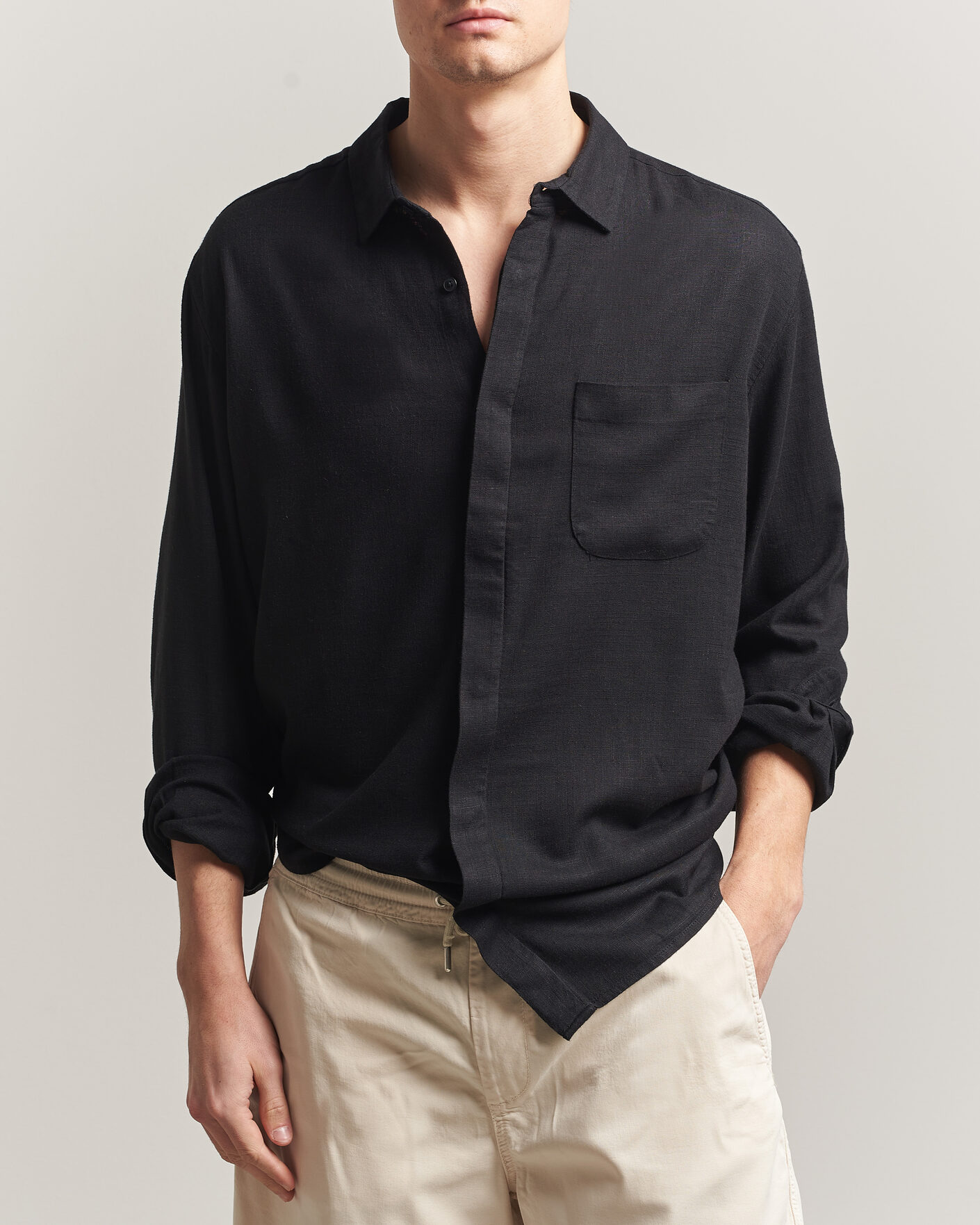 Heren | Overhemden | KnowledgeCotton Apparel | Linen/Lycell Relaxed Long Sleeve Shirt Black