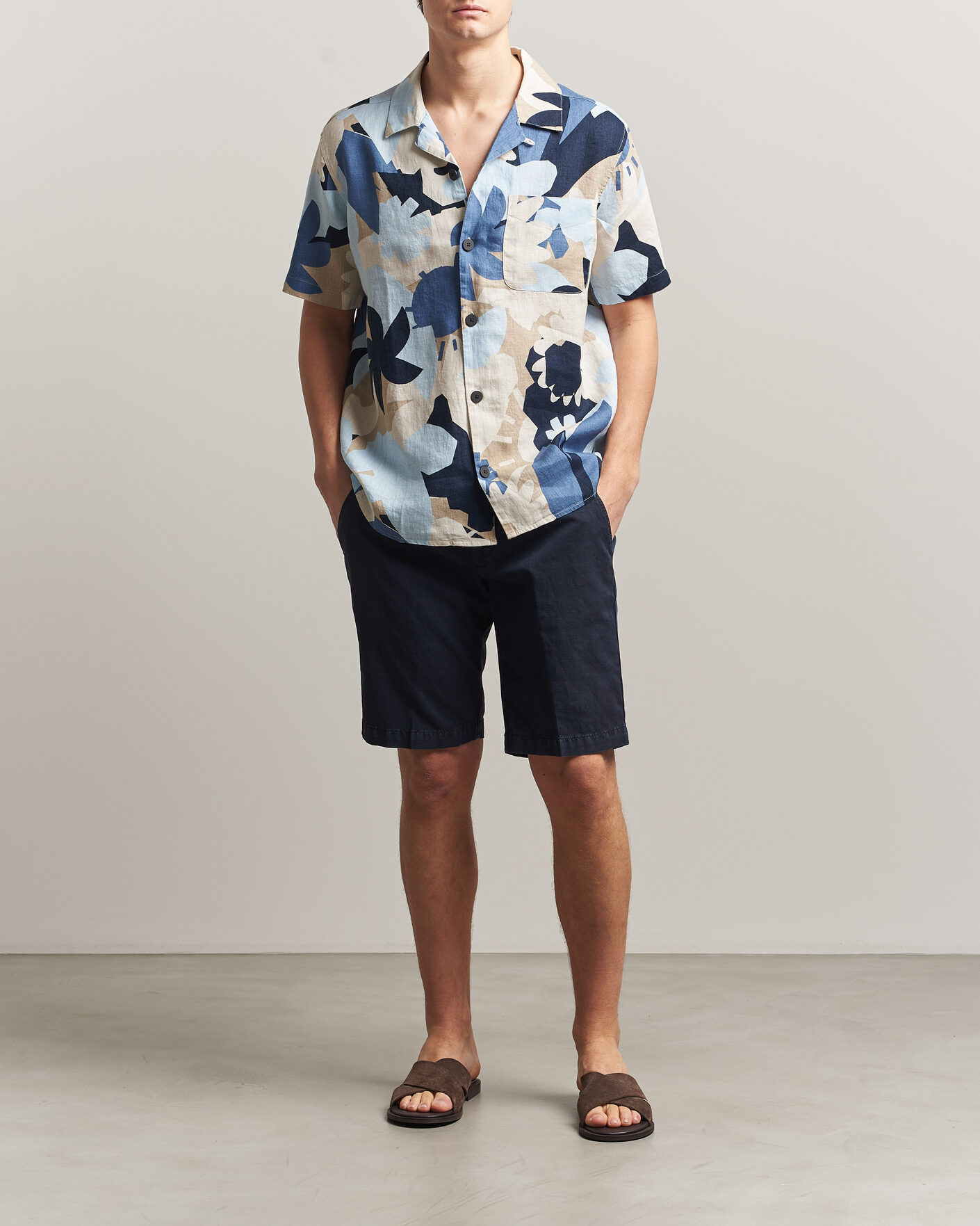 Heren | Overhemden | KnowledgeCotton Apparel | Relaxed Printed Linen Short Sleeve Shirt Blue