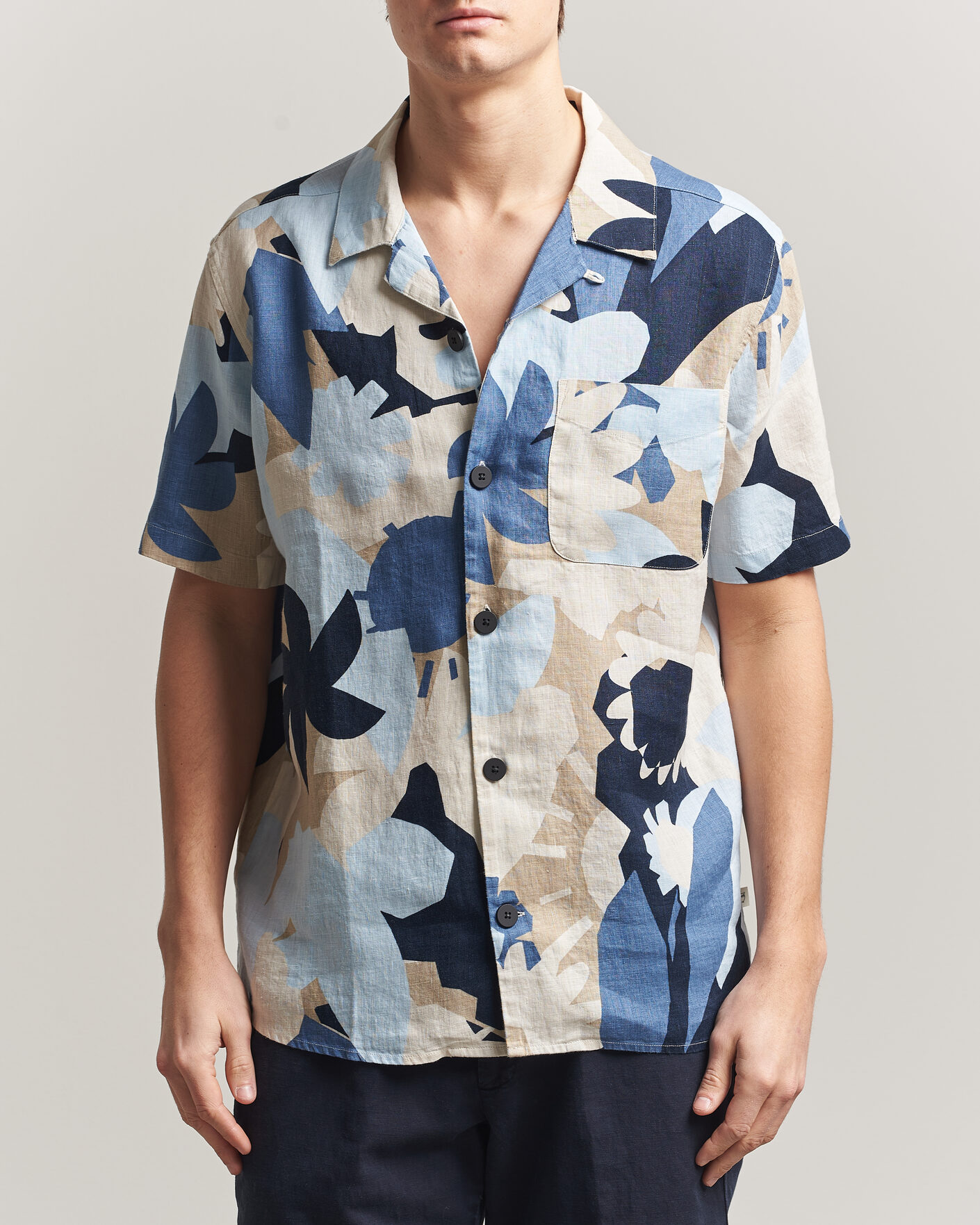 Heren | Overhemden | KnowledgeCotton Apparel | Relaxed Printed Linen Short Sleeve Shirt Blue