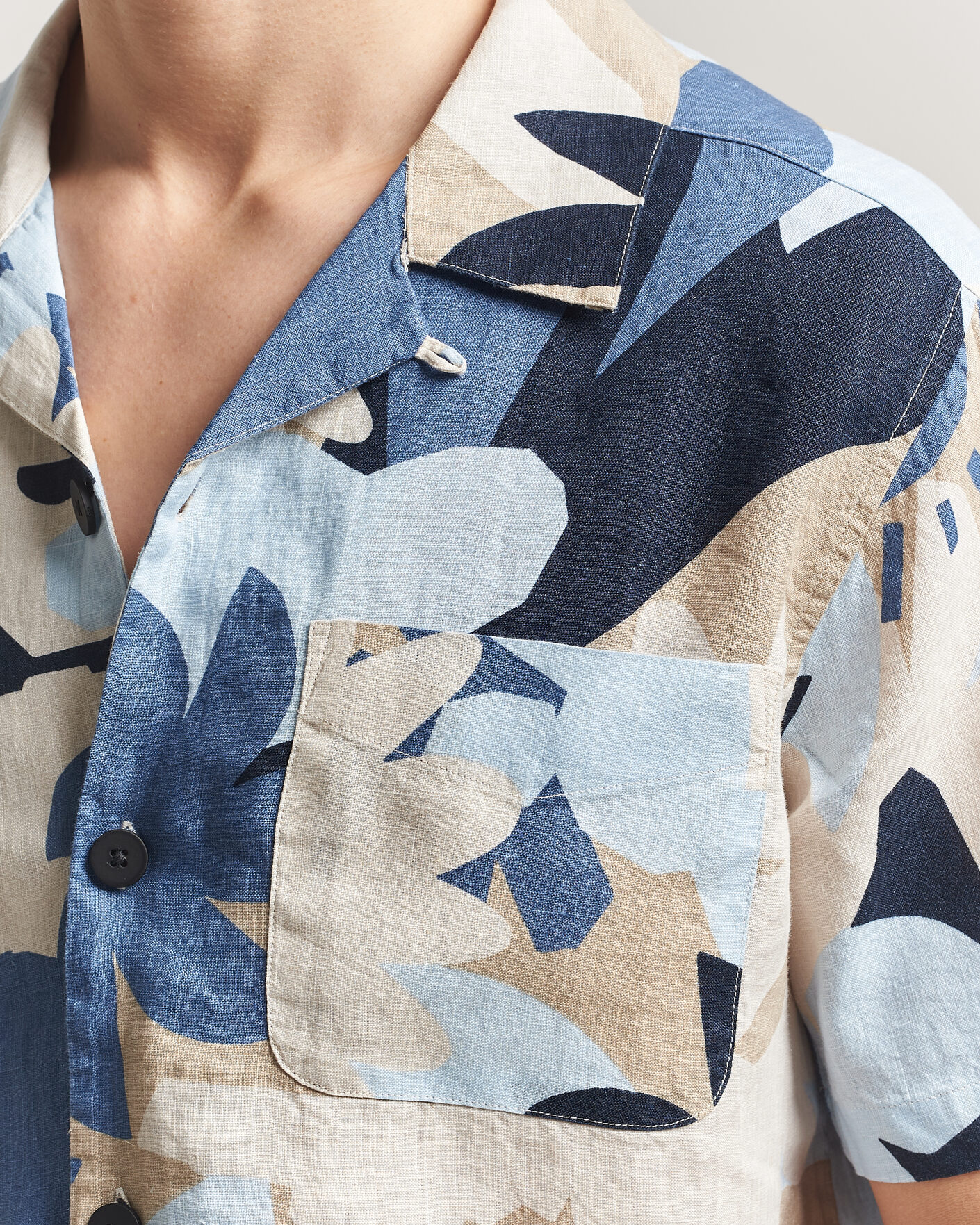 Heren | Overhemden | KnowledgeCotton Apparel | Relaxed Printed Linen Short Sleeve Shirt Blue