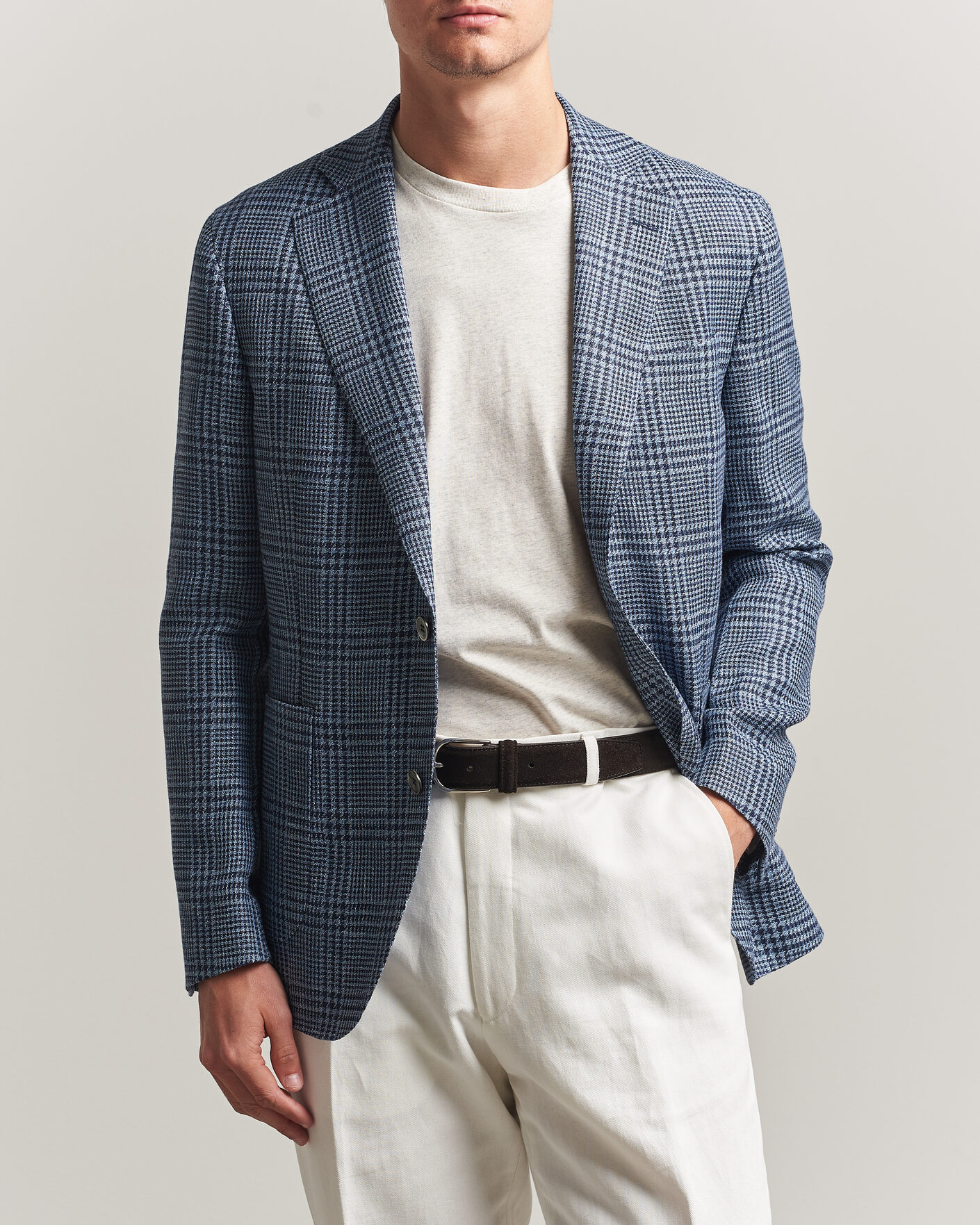 Heren | Blazers | Oscar Jacobson | Ferry Patch Soft Checked Linen/Wool Blazer Blue
