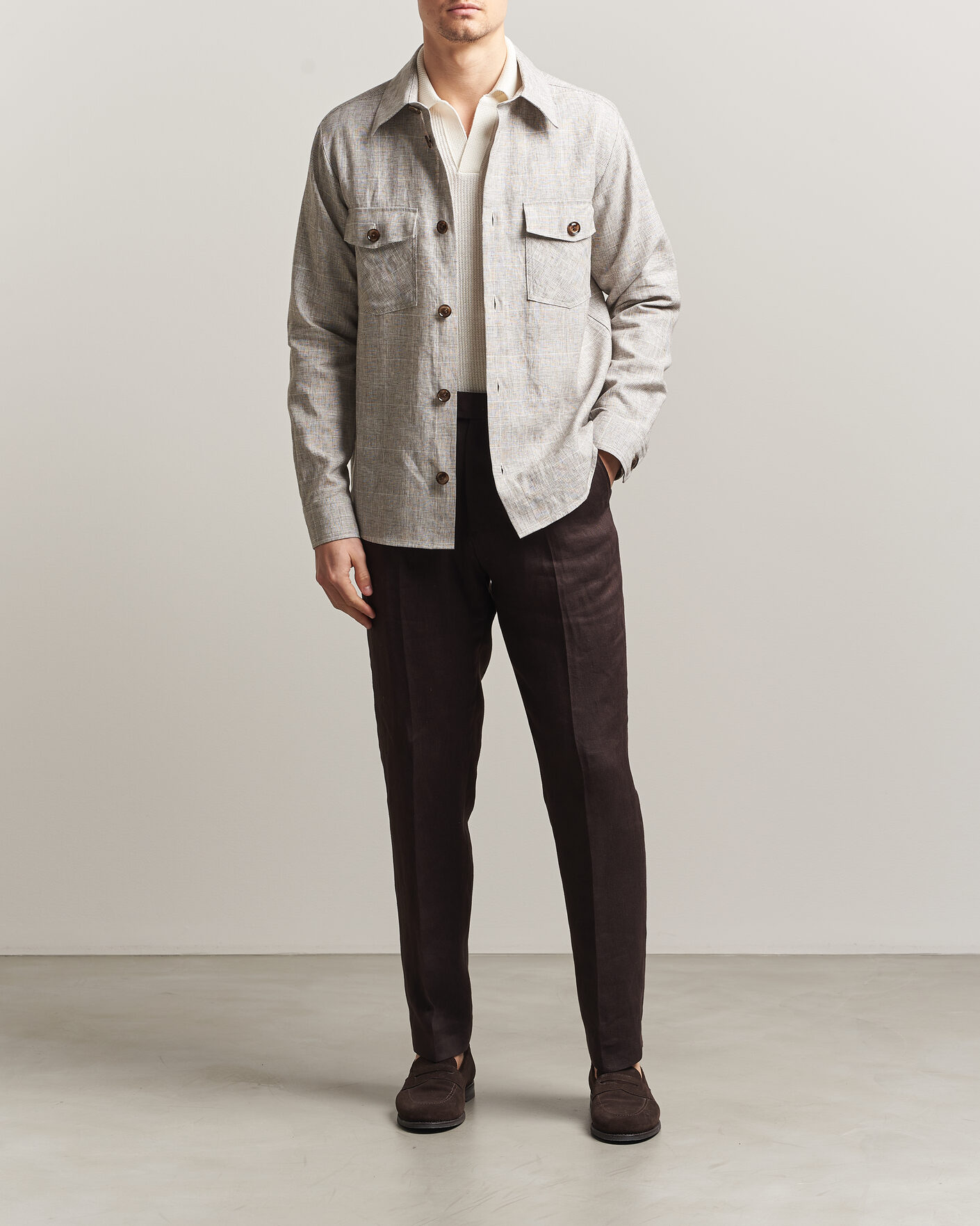 Heren | Overhemden | Oscar Jacobson | Magnus Checked Linen Overshirt Beige
