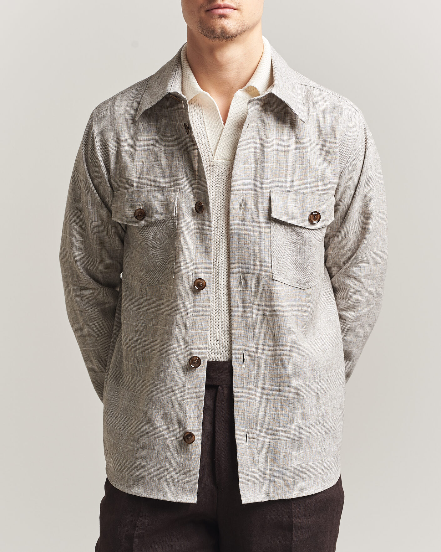 Heren | Overhemden | Oscar Jacobson | Magnus Checked Linen Overshirt Beige