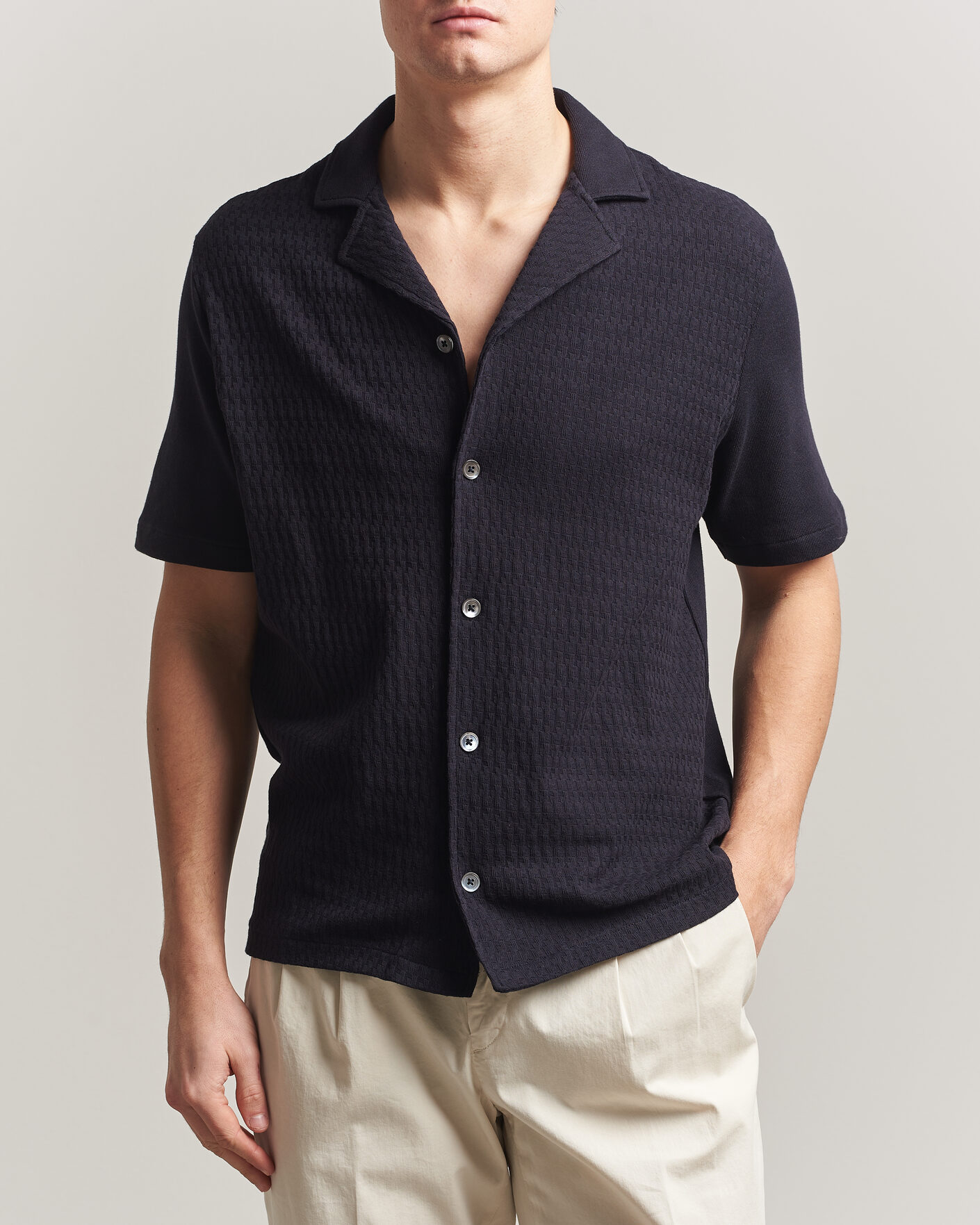 Heren | Overhemden | Oscar Jacobson | Kirk Knitted Short Sleeve Shirt Navy