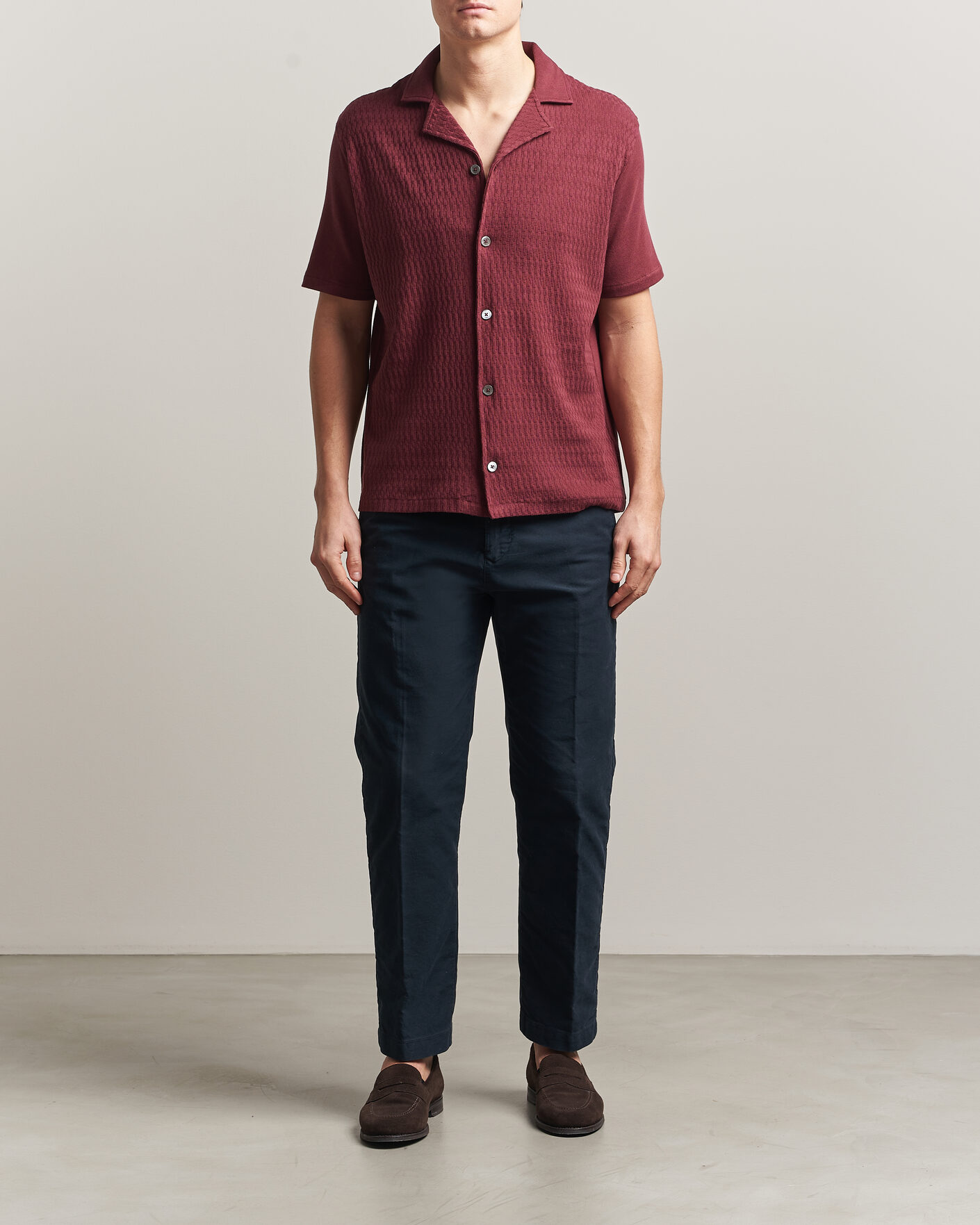 Heren | Overhemden | Oscar Jacobson | Kirk Knitted Short Sleeve Shirt Wine Red
