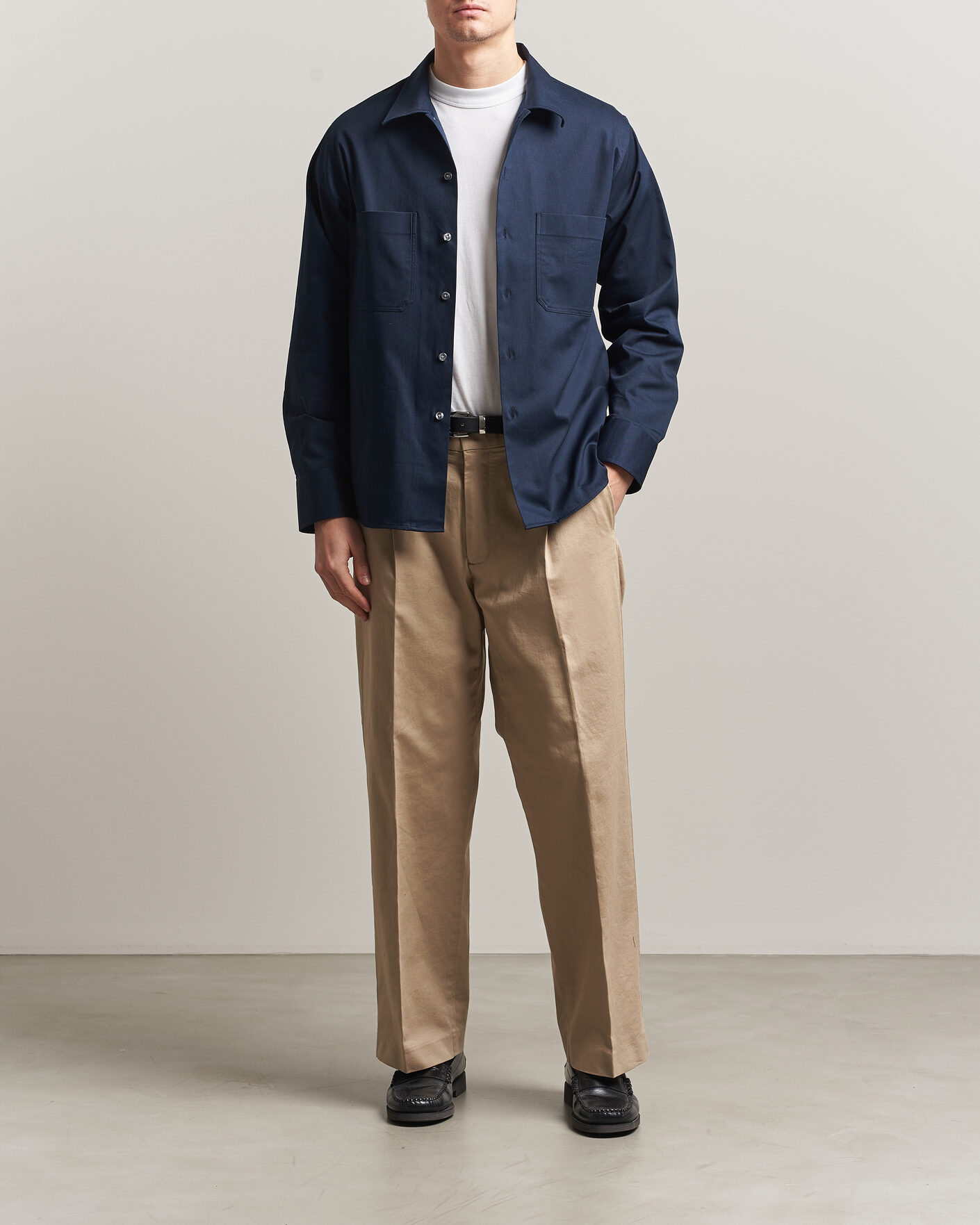 Heren | Overhemden | Oscar Jacobson | Straight Fit Bowling Collar Cotton Shirt Navy