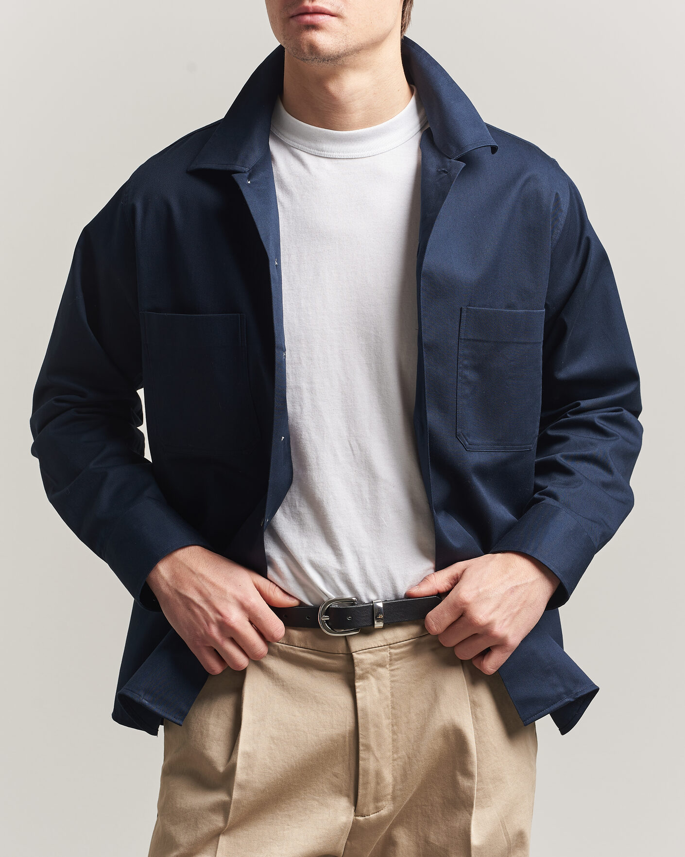 Heren | Overhemden | Oscar Jacobson | Straight Fit Bowling Collar Cotton Shirt Navy