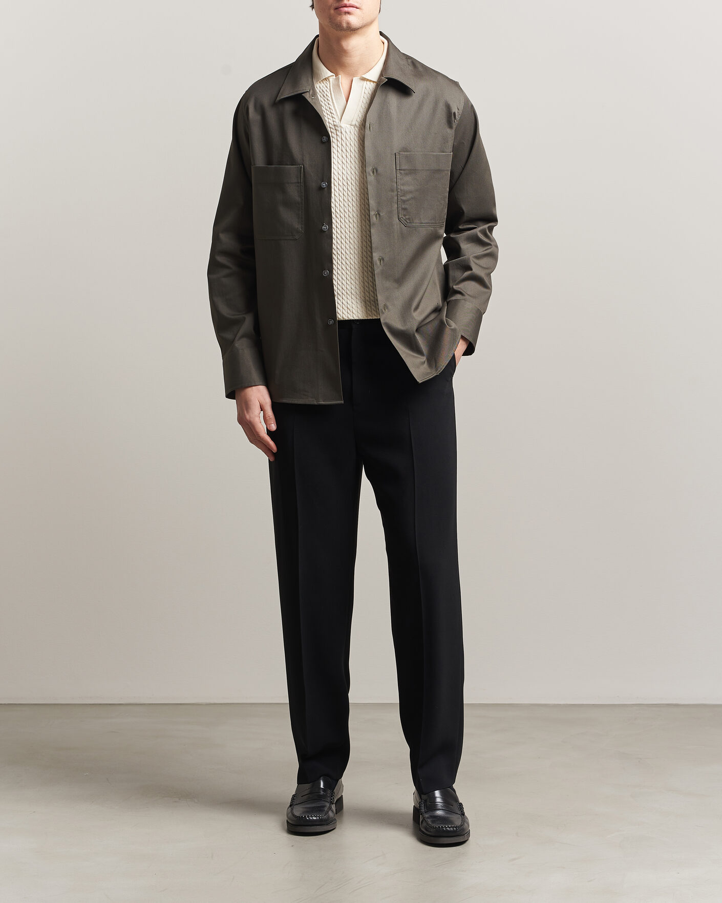 Heren | Overhemden | Oscar Jacobson | Straight Fit Bowling Collar Cotton Shirt Olive