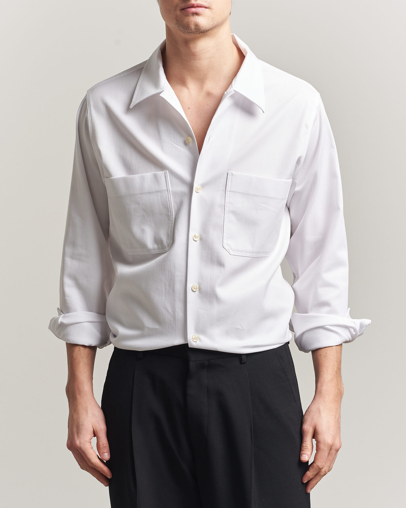 Heren | Overhemden | Oscar Jacobson | Straight Fit Bowling Collar Cotton Shirt White