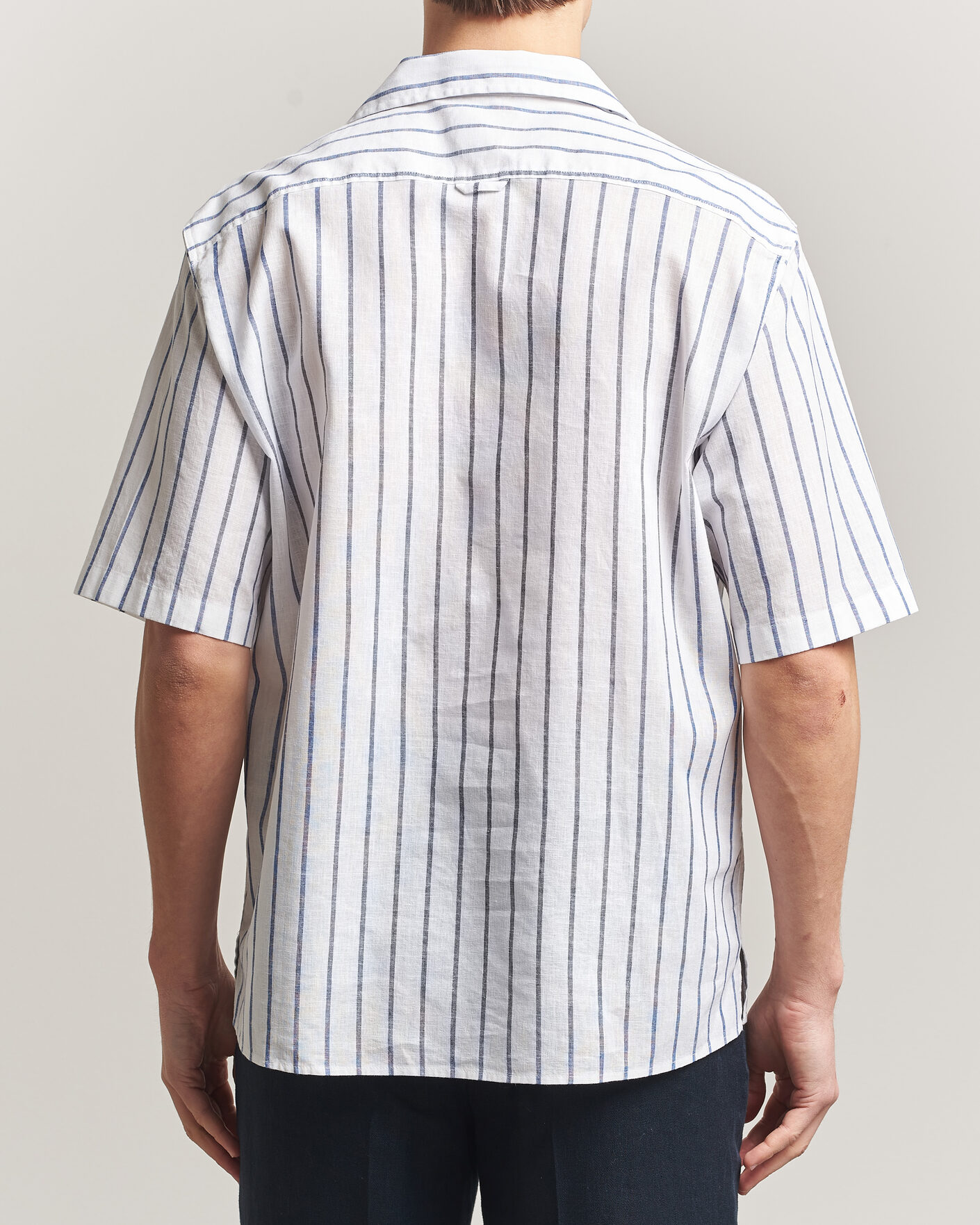 Heren | Overhemden | Oscar Jacobson | Striped Short Sleeve Linen Shirt Navy/White