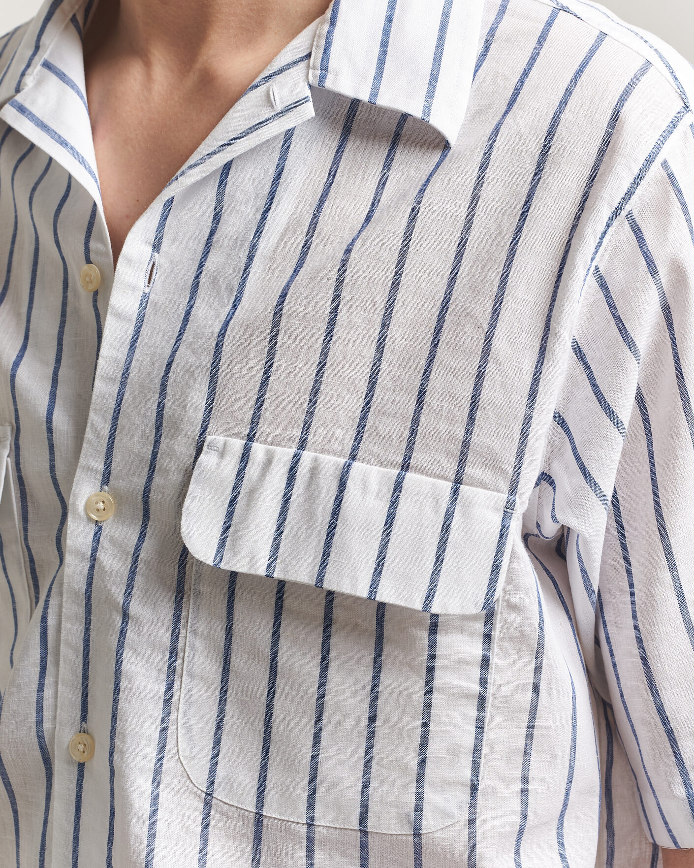 Heren | Overhemden | Oscar Jacobson | Striped Short Sleeve Linen Shirt Navy/White
