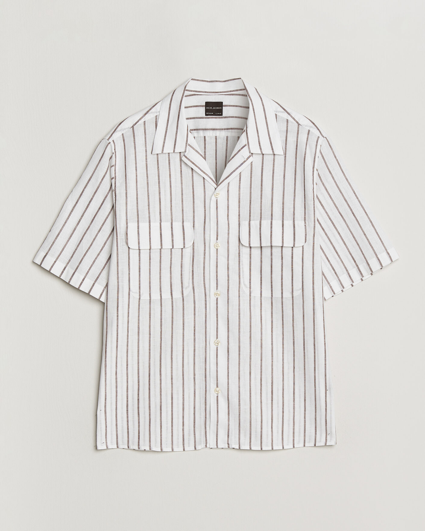 Heren | Overhemden | Oscar Jacobson | Striped Short Sleeve Linen Shirt Brown/White