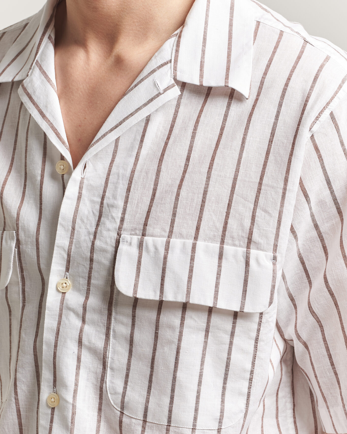 Heren | Overhemden | Oscar Jacobson | Striped Short Sleeve Linen Shirt Brown/White
