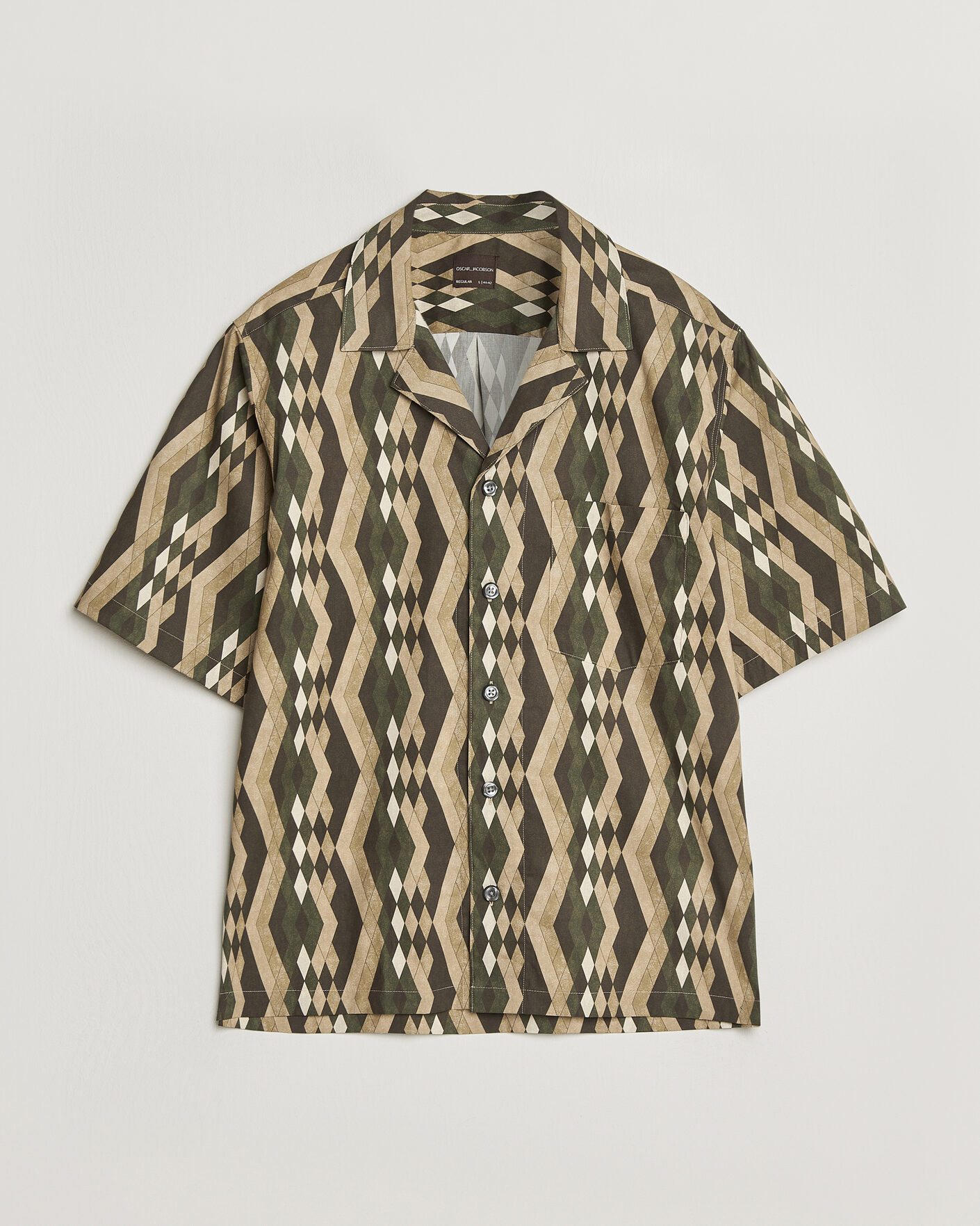 Heren | Overhemden | Oscar Jacobson | Reg Fit Cuban Printed Short Sleeve Shirt Olive