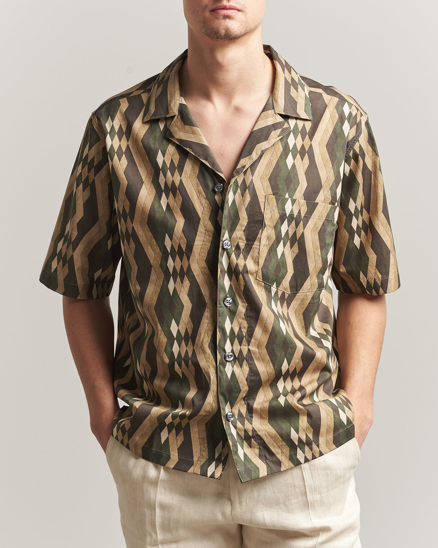 Heren | Overhemden | Oscar Jacobson | Reg Fit Cuban Printed Short Sleeve Shirt Olive
