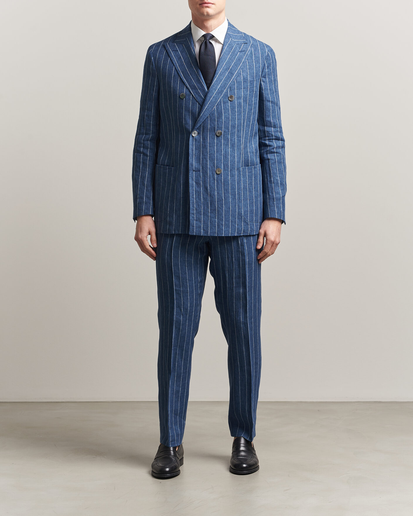 Heren | Broeken | Oscar Jacobson | Dandy Striped Linen Trousers Blue