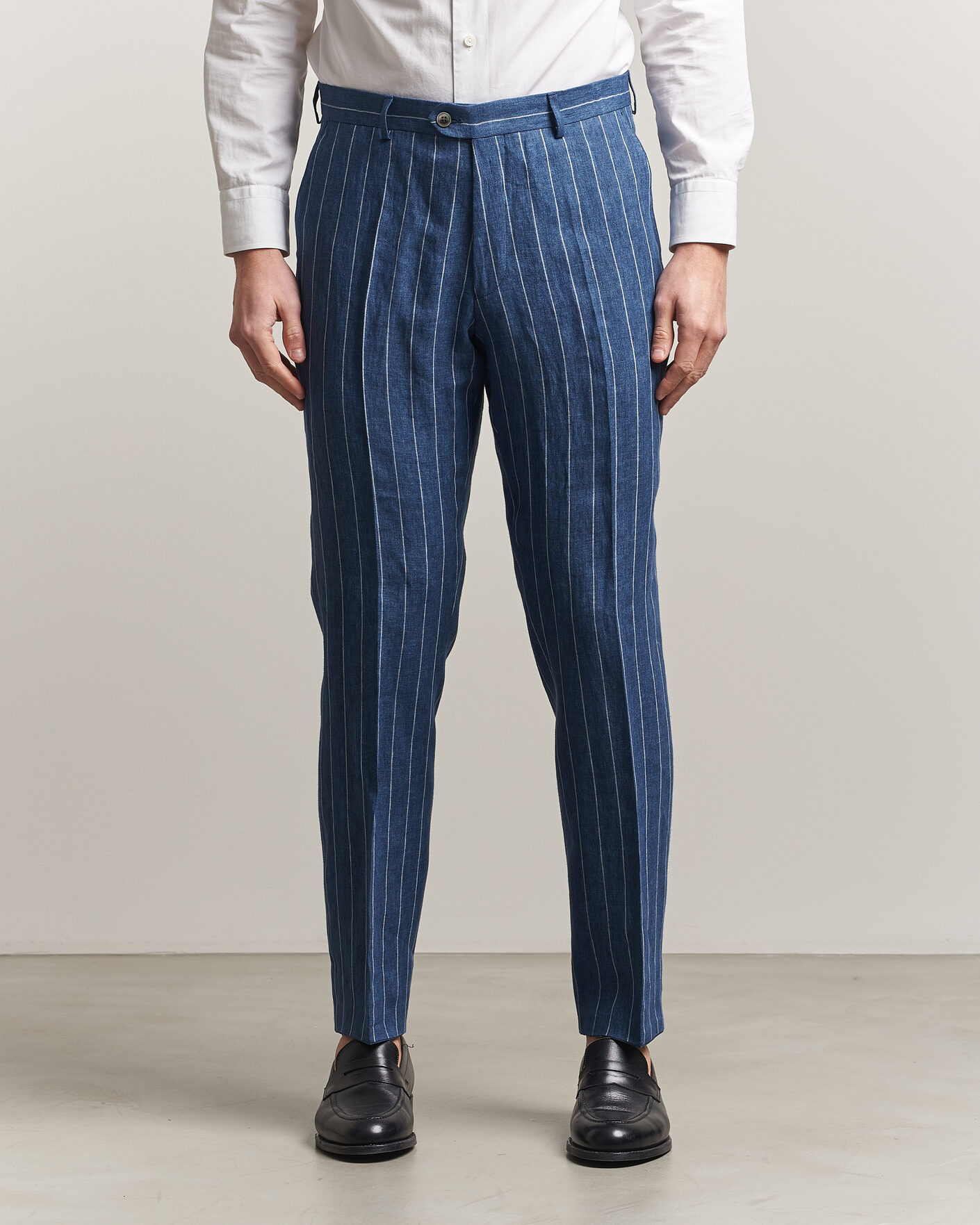 Heren | Broeken | Oscar Jacobson | Dandy Striped Linen Trousers Blue