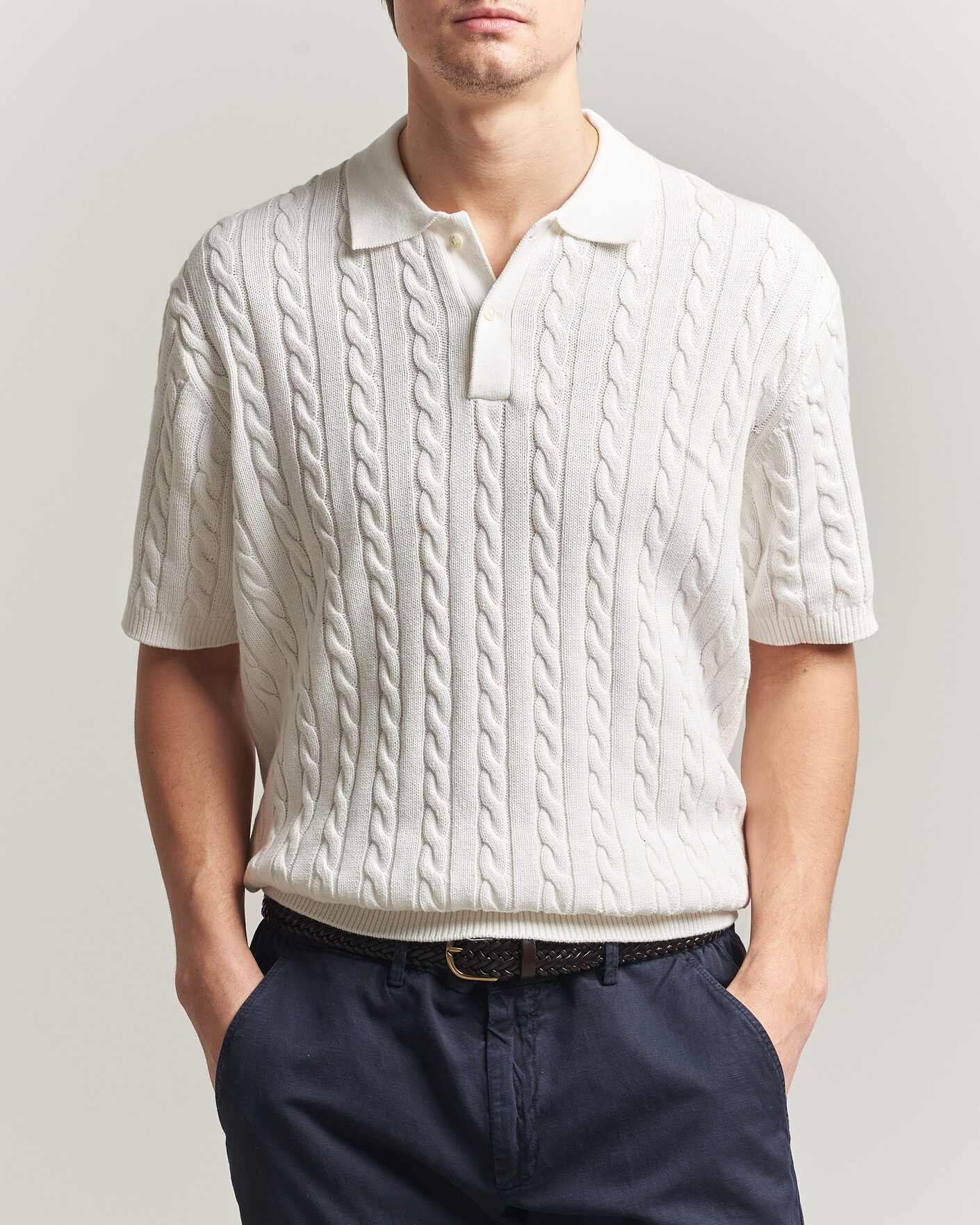 Heren | Polo's | BEAMS PLUS | Short Sleeve Cable Polo White