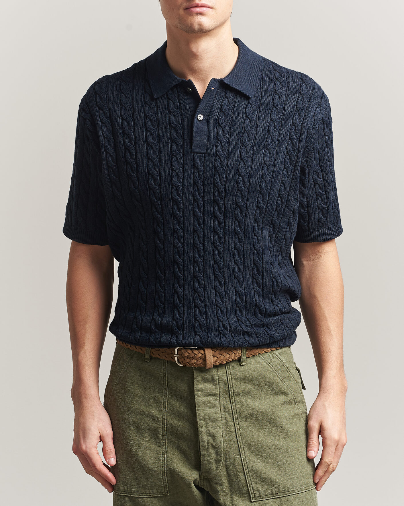 Heren | Polo's | BEAMS PLUS | Short Sleeve Cable Polo Navy