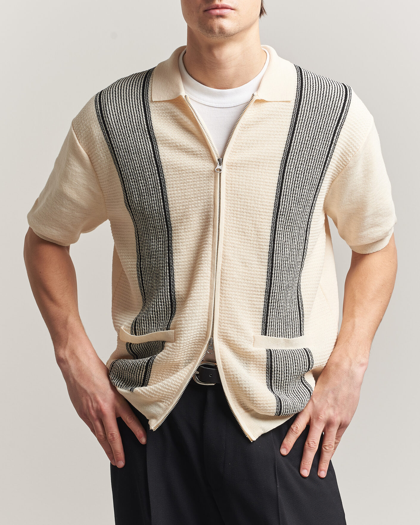 Heren | Polo's | BEAMS PLUS | Zip Knit Striped Polo Off White