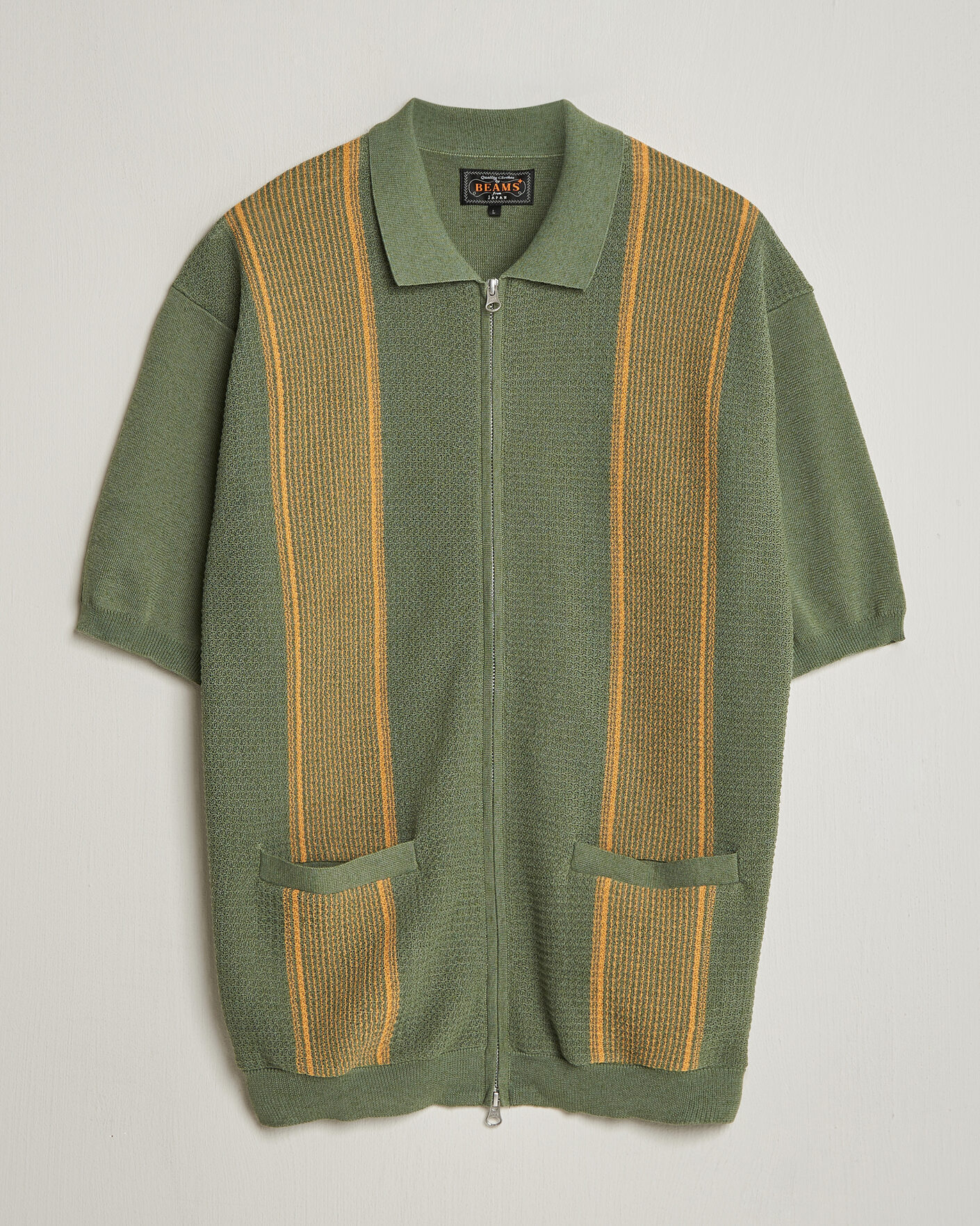 BEAMS PLUS Zip Knit Striped Polo Olive | Man - CareOfCarl.nl