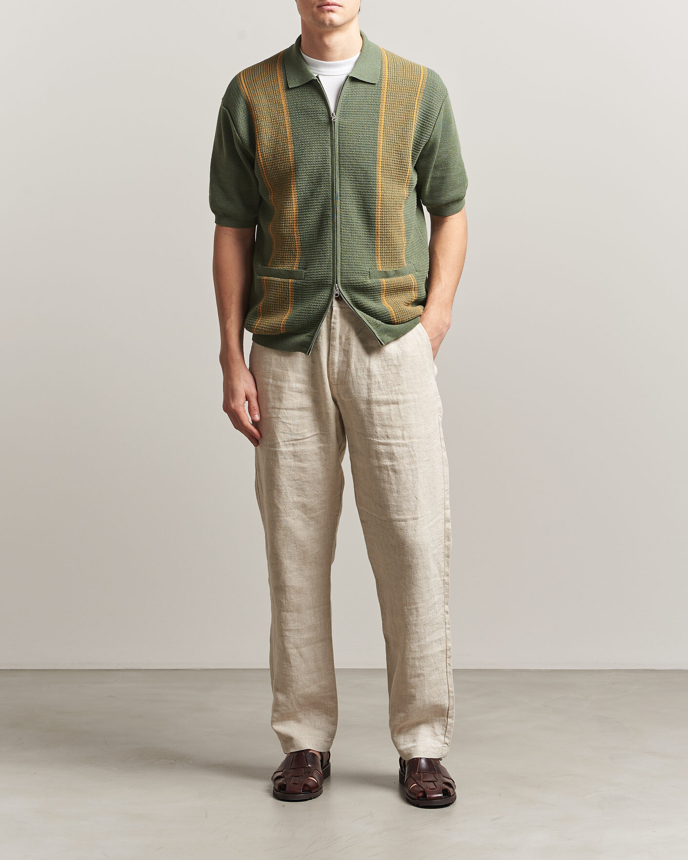 Heren | Polo's | BEAMS PLUS | Zip Knit Striped Polo Olive