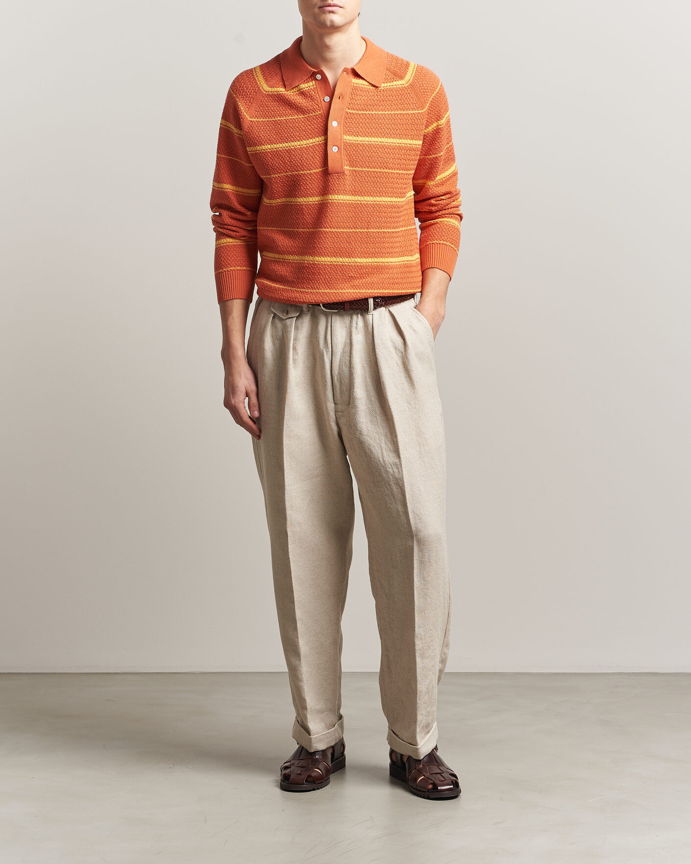 Heren | Polo's | BEAMS PLUS | Long Sleeve Knit Polo Orange Stripe