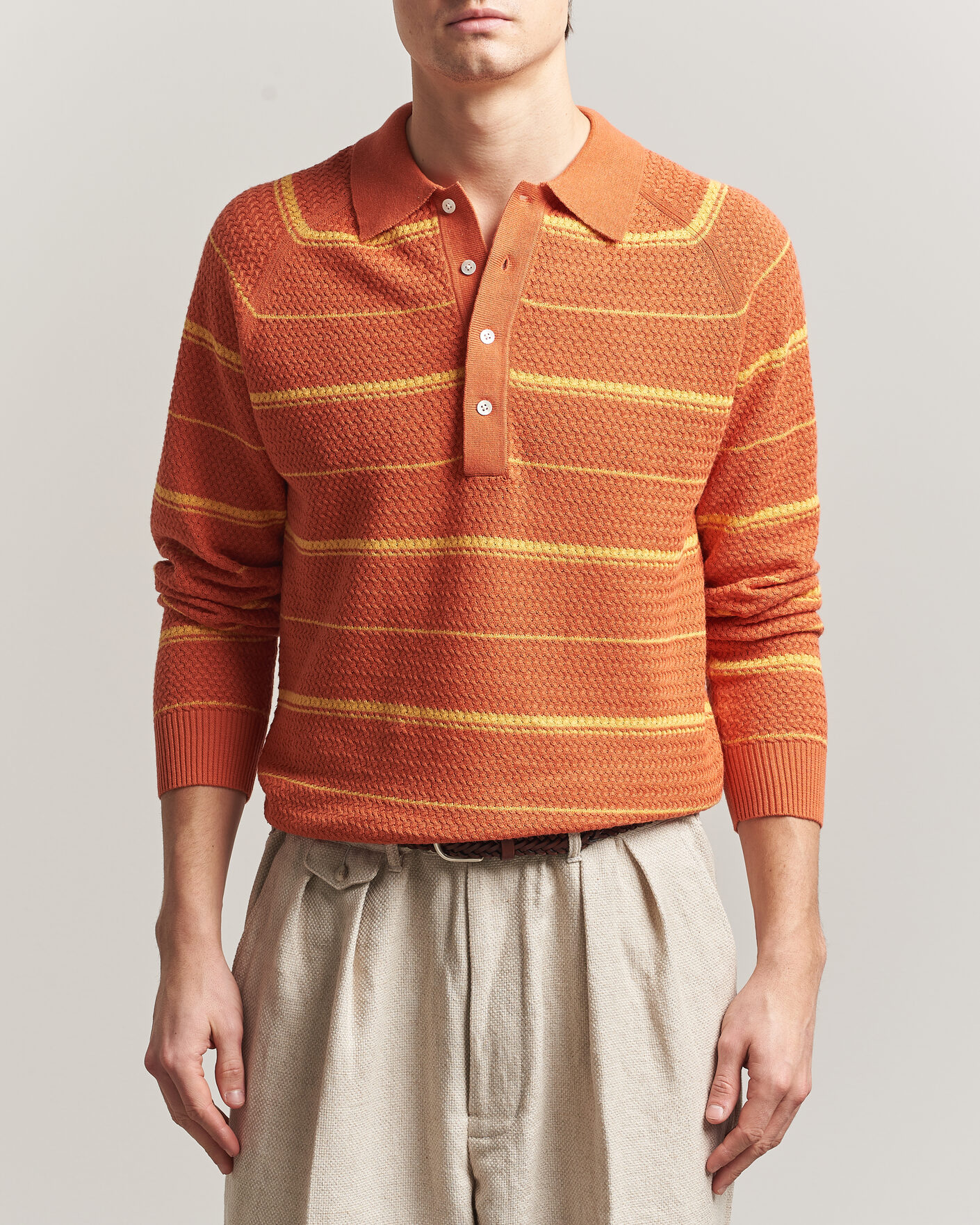 Heren | Polo's | BEAMS PLUS | Long Sleeve Knit Polo Orange Stripe