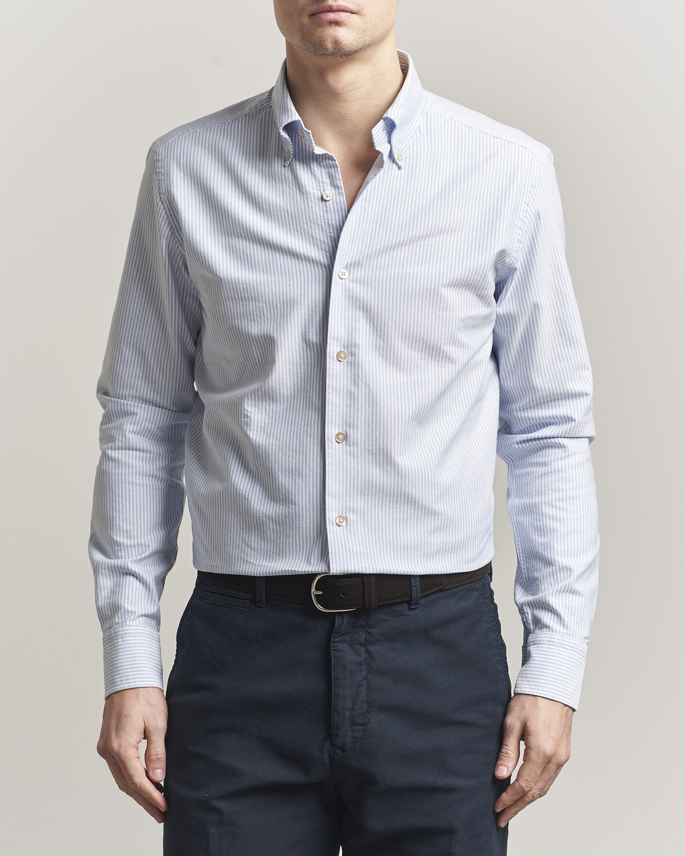 Heren | Overhemden | Grigio | Oxford Button Down Shirt Light Blue Stripe