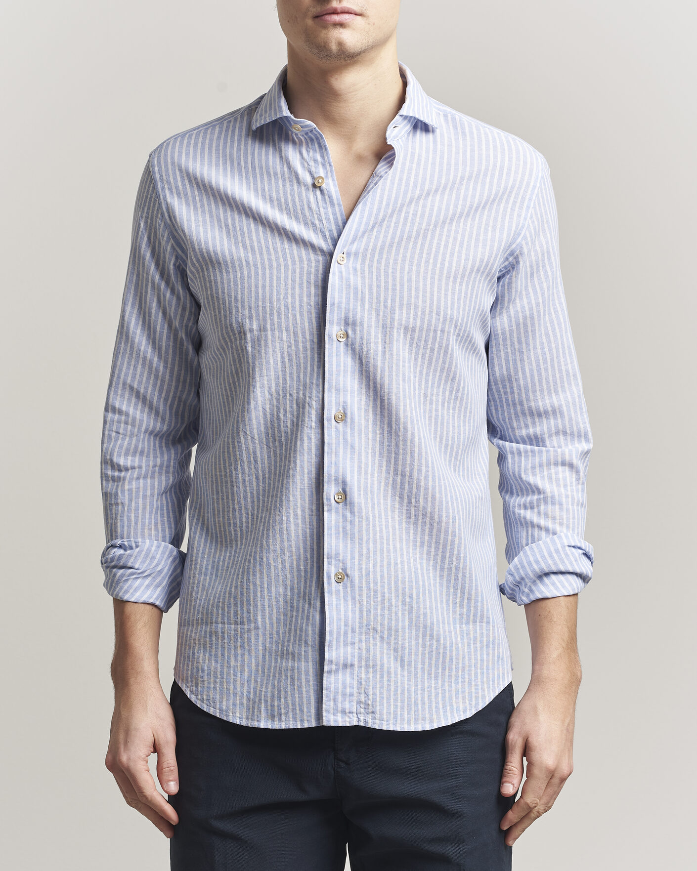 Heren | Overhemden | Grigio | Washed Cotton/Linen Shirt Blue Stripe