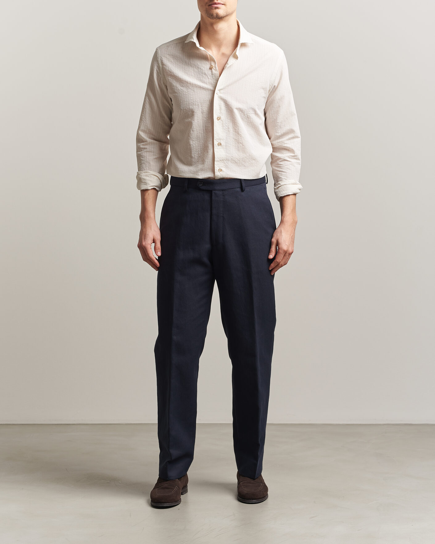 Heren | Overhemden | Grigio | Cotton/Linen Seersucker Shirt Off White