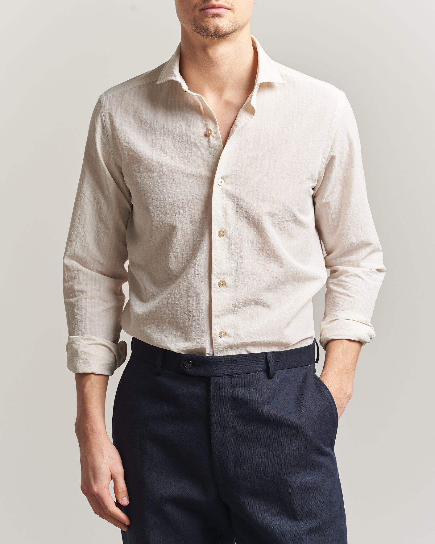 Heren | Overhemden | Grigio | Cotton/Linen Seersucker Shirt Off White