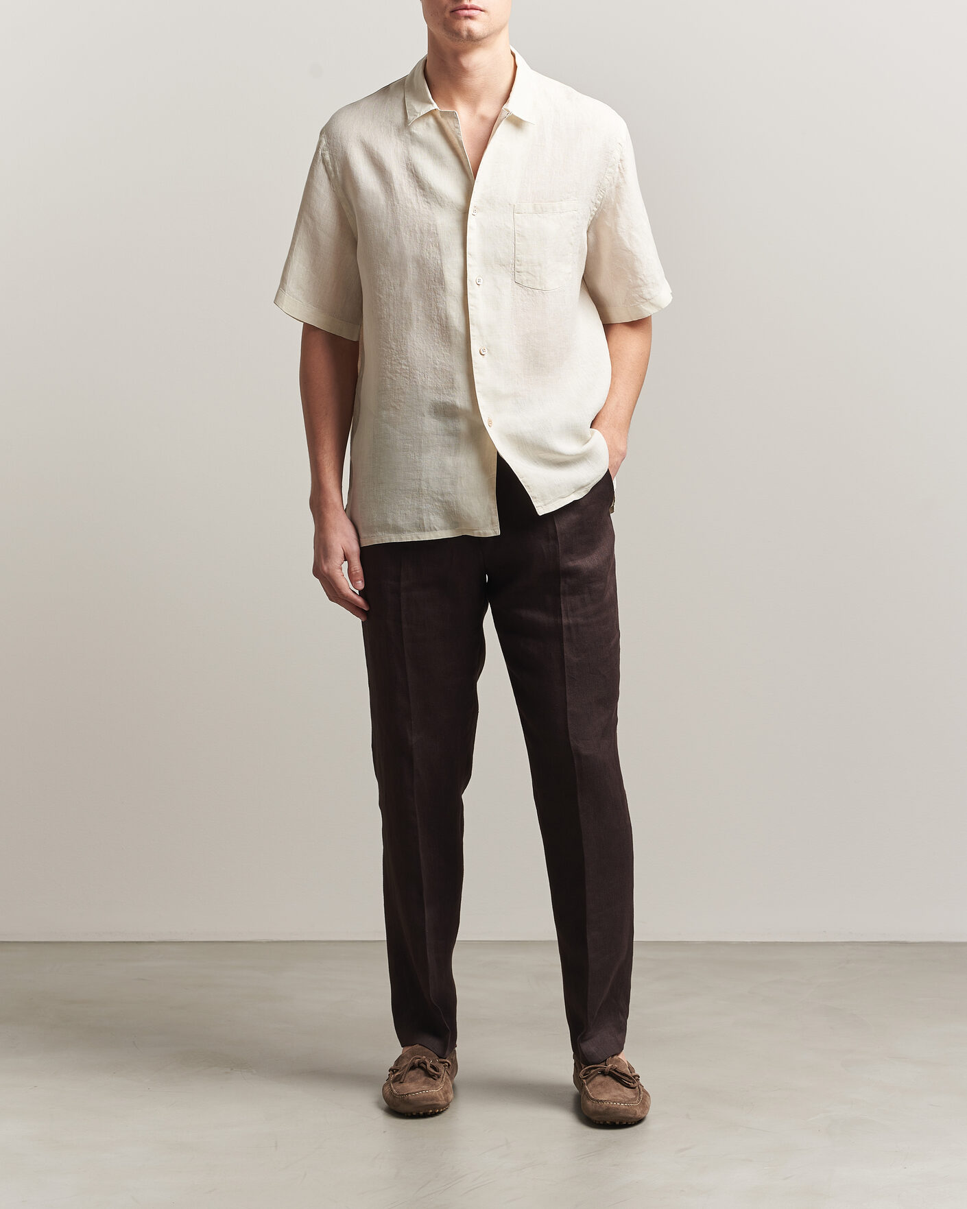 Heren | Overhemden | Grigio | Linen Camp Collar Shirt White