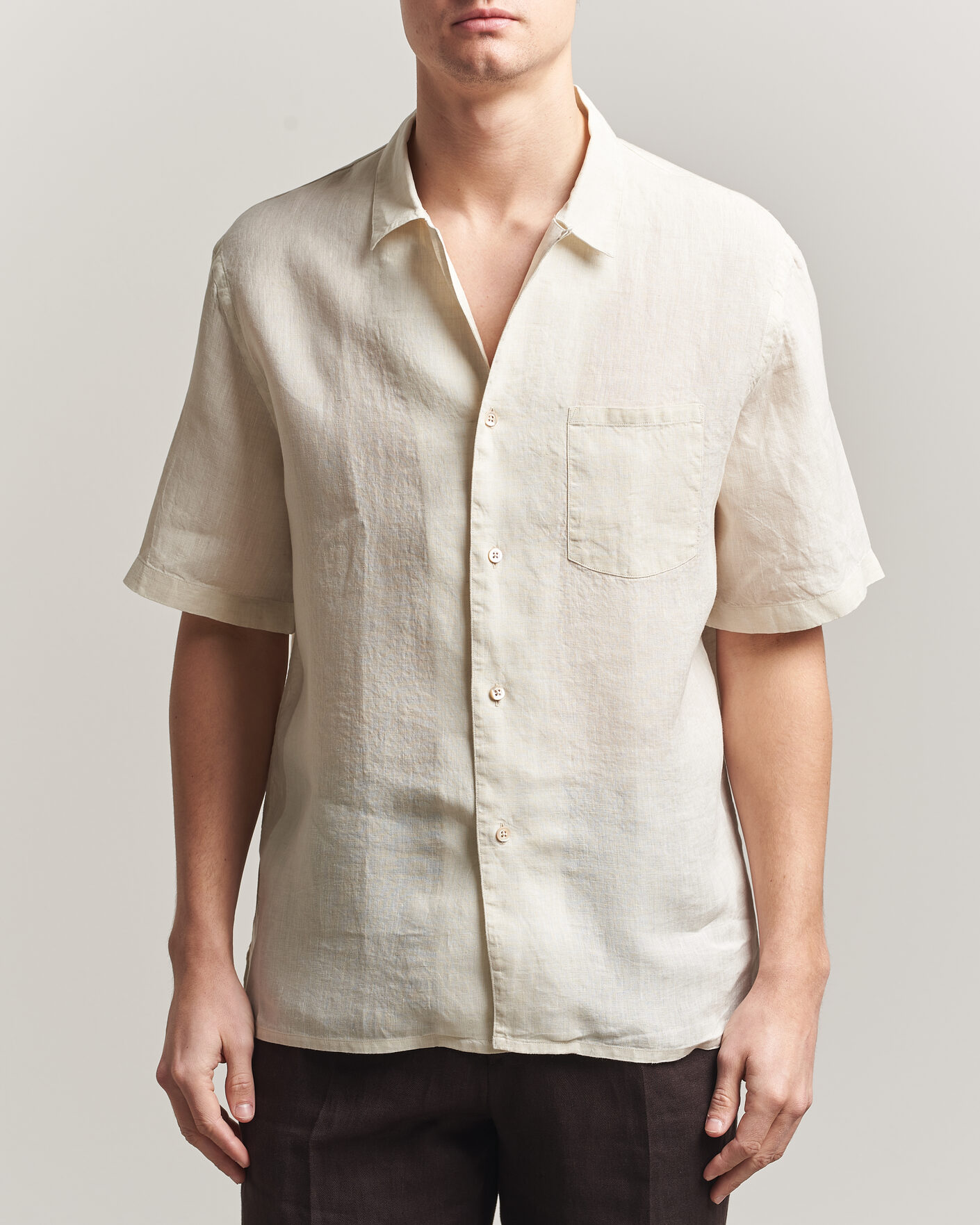 Heren | Overhemden | Grigio | Linen Camp Collar Shirt White