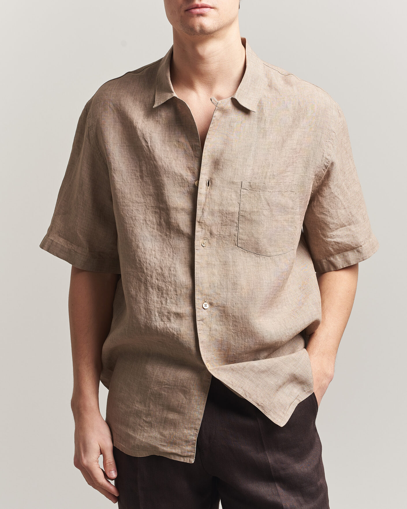 Heren | Overhemden | Grigio | Linen Camp Collar Shirt Brown