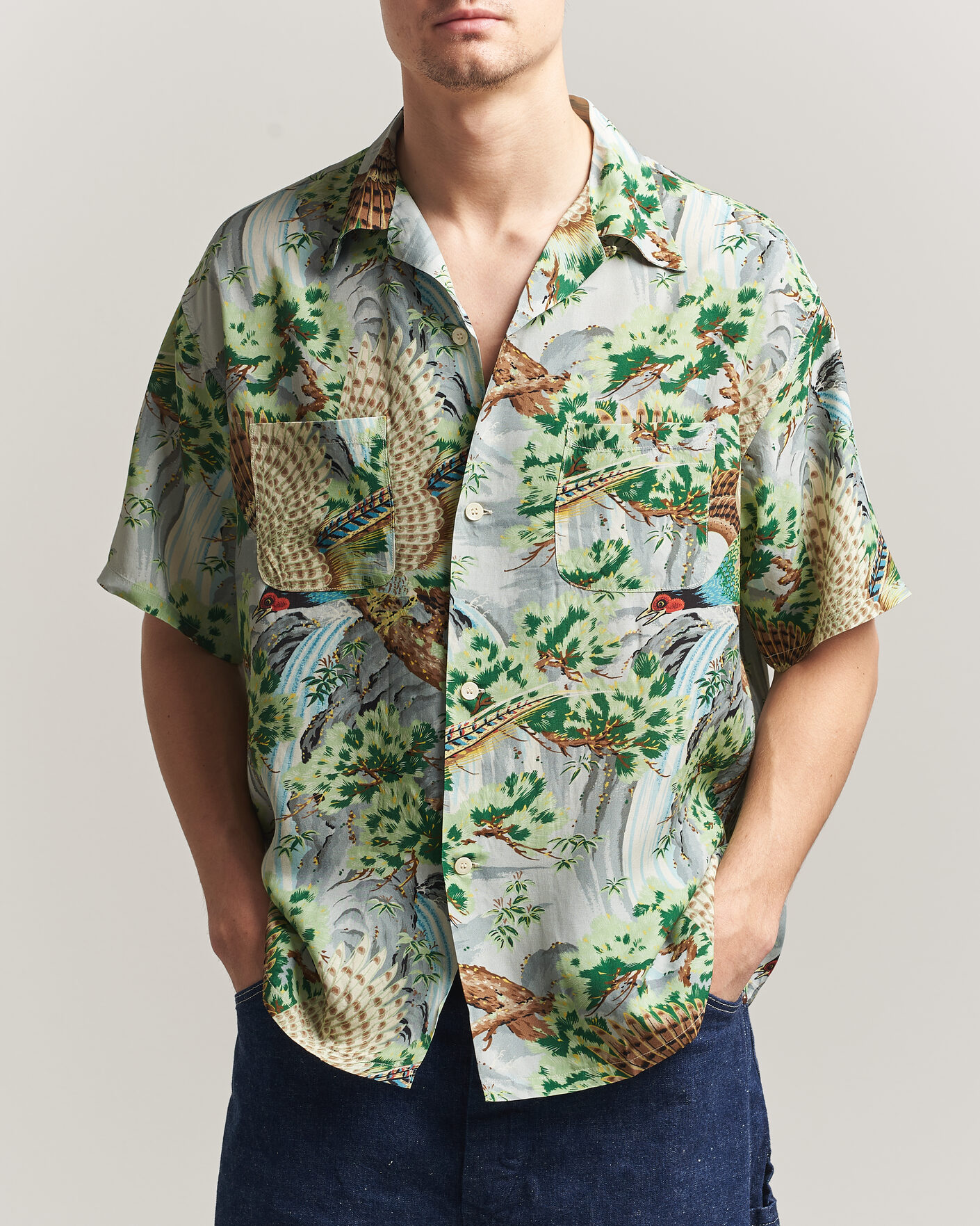 Heren | Overhemden | orSlow | Peacock Garden Hawaiian Shirt Green