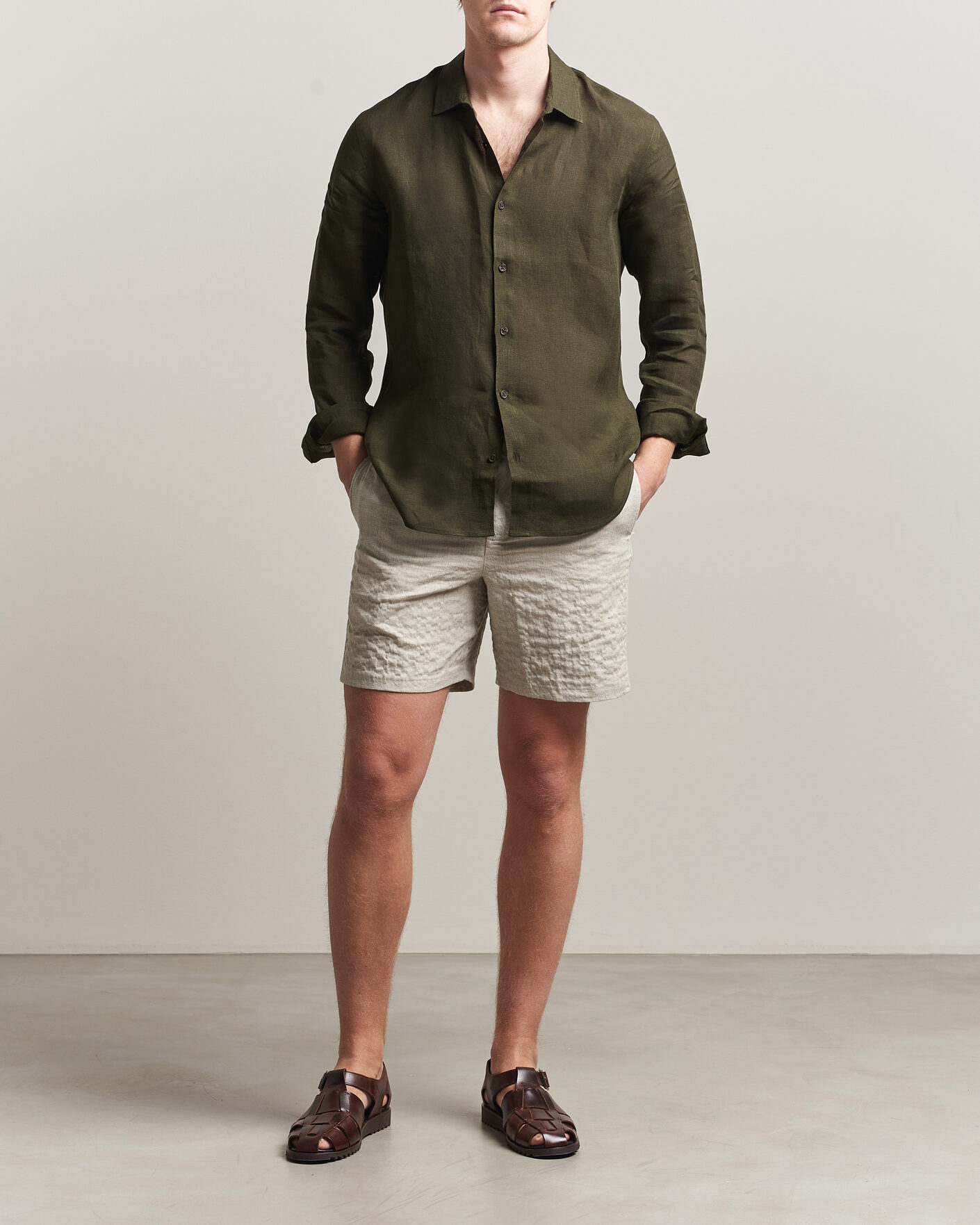 Heren | Overhemden | Orlebar Brown | Giles Linen Stiched Shirt Bayleaf Green