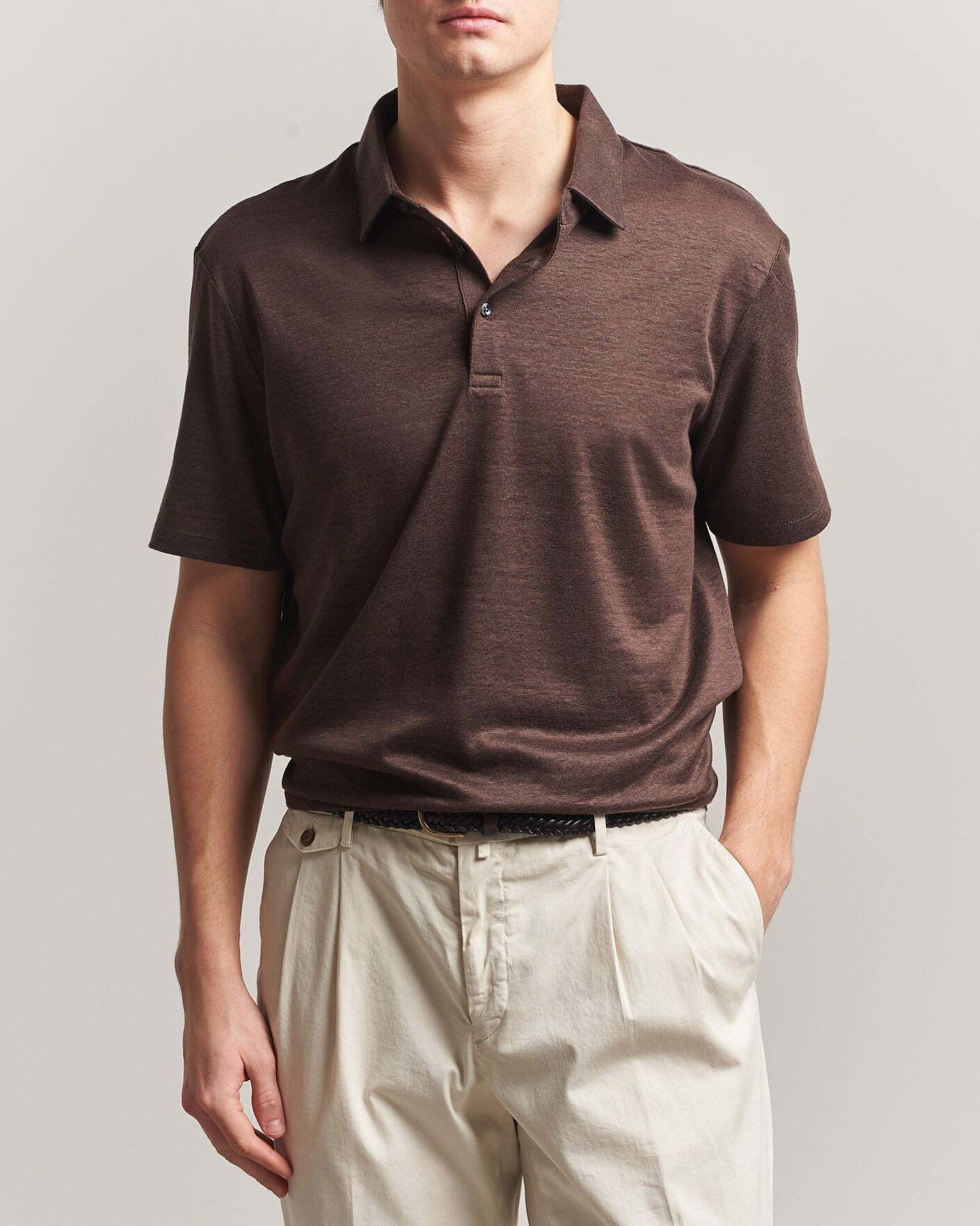Heren | Polo's | Charles Tyrwhitt | Short Sleeve Linen Polo Chocolate Brown