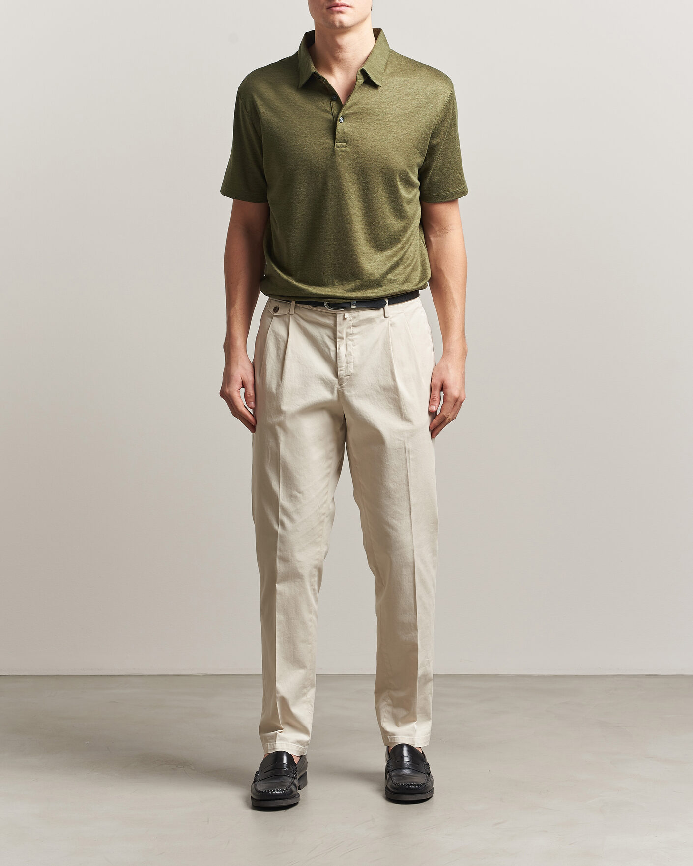 Heren | Polo's | Charles Tyrwhitt | Short Sleeve Linen Polo Olive