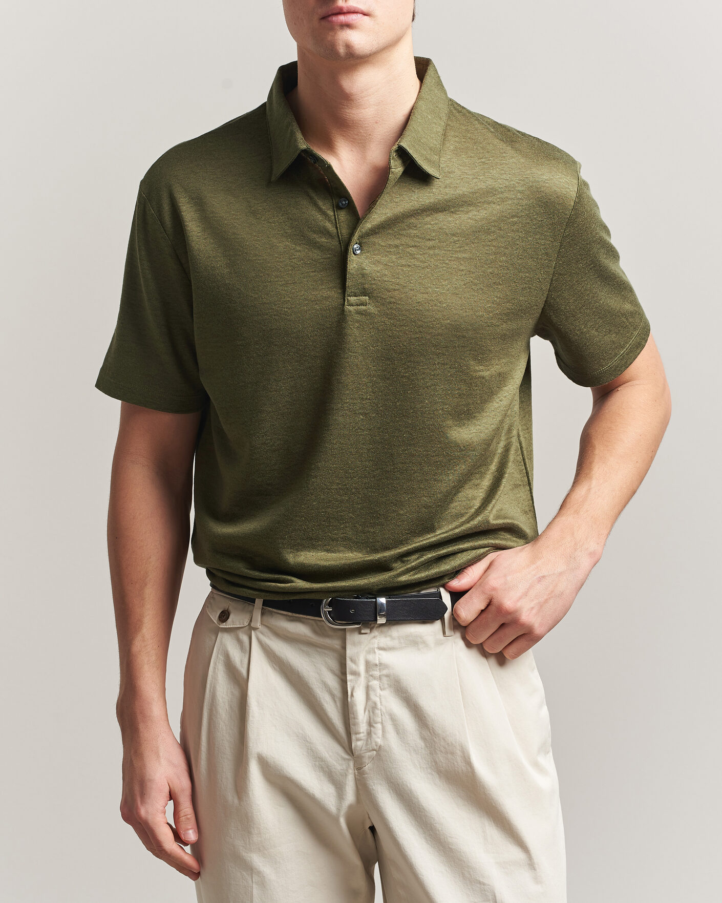 Heren | Polo's | Charles Tyrwhitt | Short Sleeve Linen Polo Olive