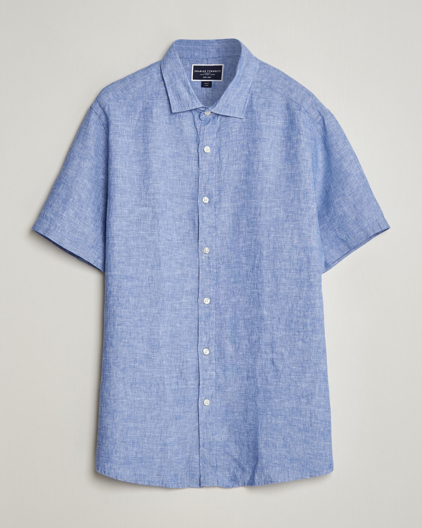 Heren | Overhemden | Charles Tyrwhitt | Pure Linen Short Sleeve Slim Fit Shirt Cornflower Blue