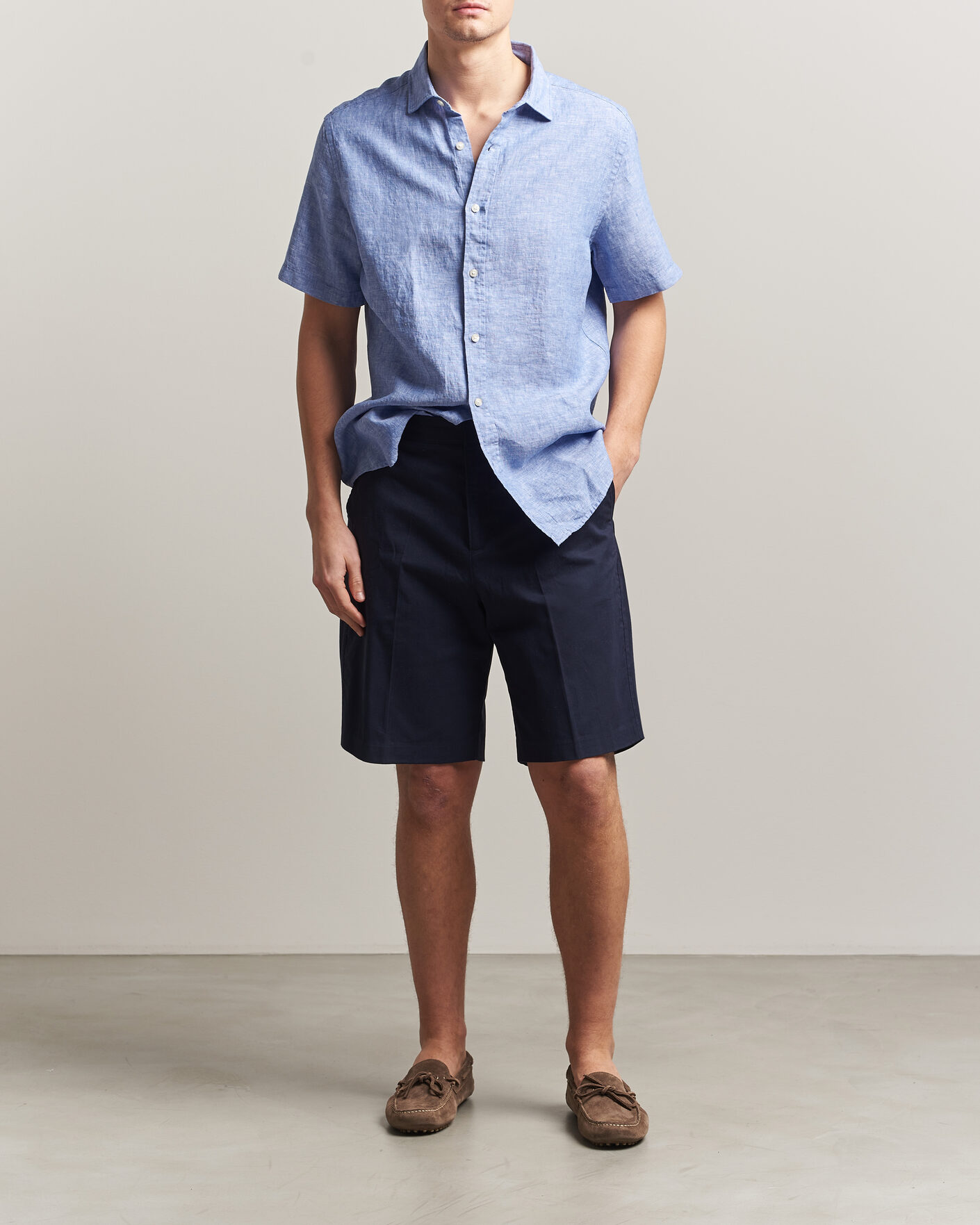 Heren | Overhemden | Charles Tyrwhitt | Pure Linen Short Sleeve Slim Fit Shirt Cornflower Blue
