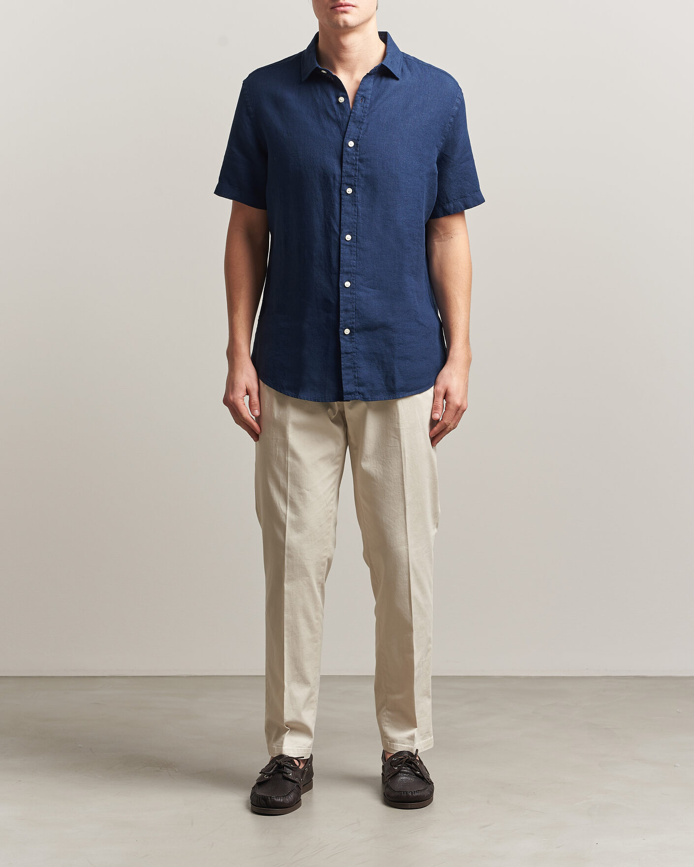 Heren | Overhemden | Charles Tyrwhitt | Pure Linen Short Sleeve Slim Fit Shirt Navy