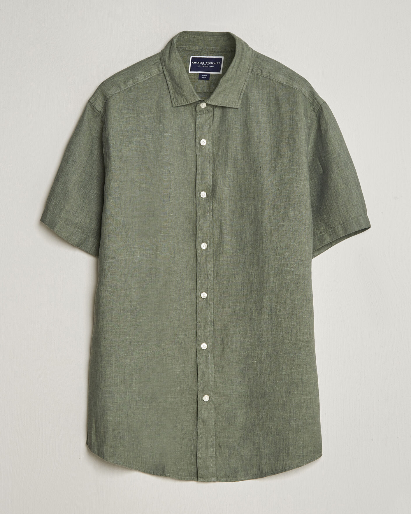 Heren | Overhemden | Charles Tyrwhitt | Pure Linen Short Sleeve Slim Fit Shirt Olive