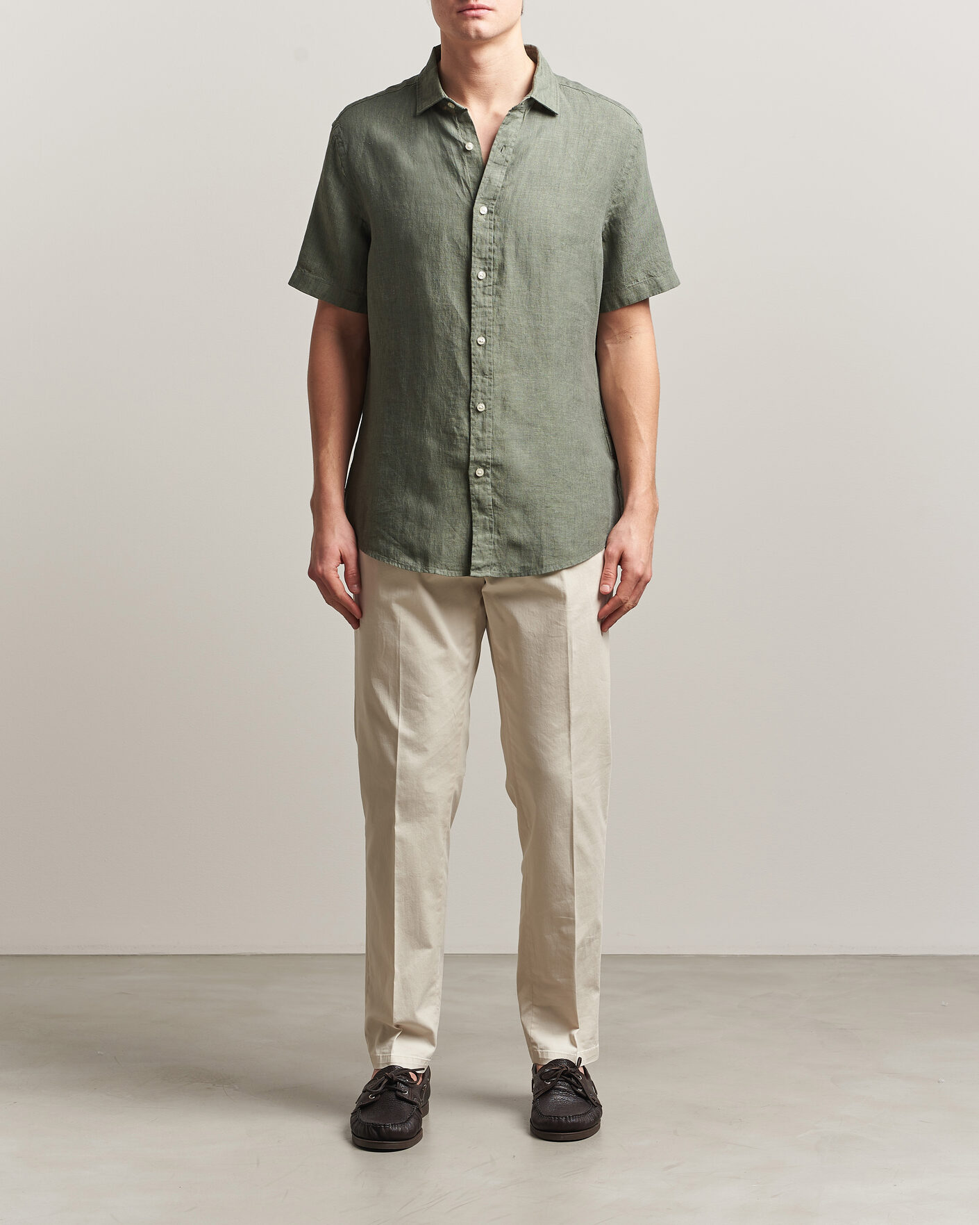 Heren | Overhemden | Charles Tyrwhitt | Pure Linen Short Sleeve Slim Fit Shirt Olive